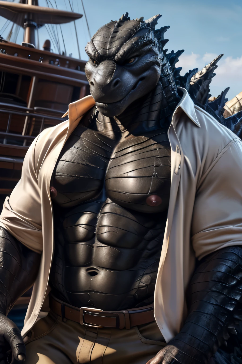 (((Godzilla))), anthro, full body shot, (((open shirt))), ((short pants)), showing pecs, male, solo, adult, detailed muscular abs, big muscular pecs, ((nipples)), high details, beautiful eyes, detailed eyes, older, flexing huge biceps, detailed muscles, (ship), detailed face, smiling, looking at viewer, (seductive face), bodybuilder body, huge muscles, hunk, beefy by bruteandbrawn, by raccoon21, by personalami, by chunie, by kenket, (intricate, high detail, film photography, soft focus, RAW candid cinema, photorealism, realistic, photorealistic, analog style, subsurface scattering, masterpiece, best quality, ultra realistic, 8k)