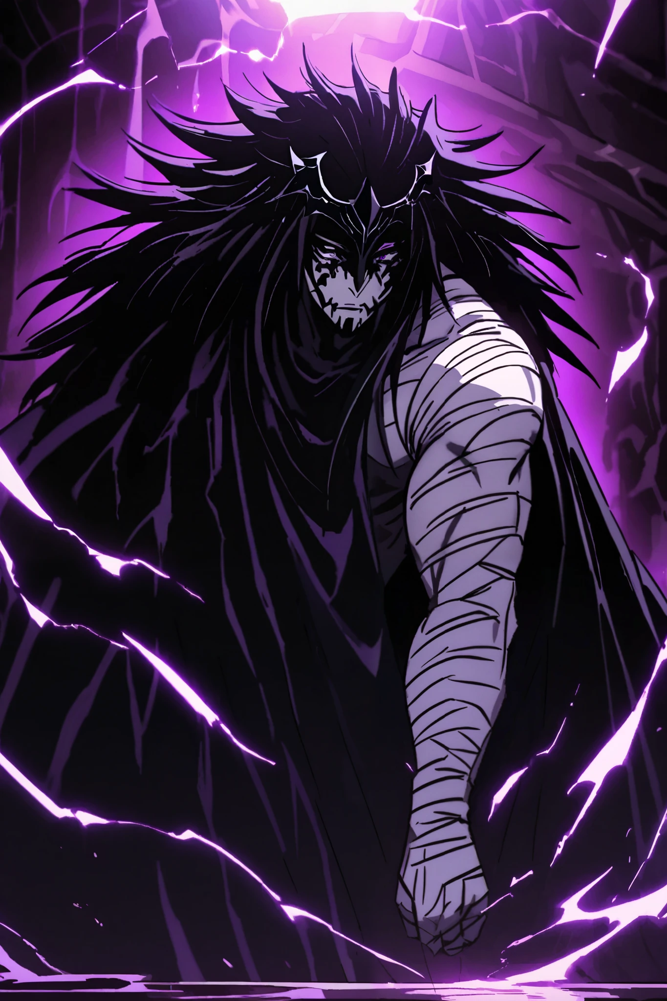 appearance:

 Draven is a tall man with an athletic build ,  with a presence that exudes mystery and danger .  His skin is pale and his eyes are completely black with a faint purple glow in the center ,  as if they were hiding an infinite void .  His hair is dark with bluish reflections and falls messy up to his shoulders .
 He wears a long black coat with details in dark violet ,  made of a material that seems to move with his own will . His right arm is covered with bandages and strange runes that hide the link with the entity that dwells inside him..
When he uses all his power ,  his body begins to fray and fragment as if it didn't belong completely to this reality .
