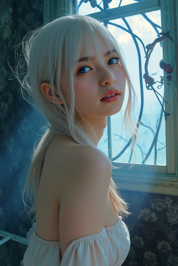 Realistic, masterpiece, Highest quality, Highest Resolution, High Detail, Soft Light, Professional Lighting, Backlight, Film Grain, The background is blurred, Japanese , (The subject was photographed from below, The subject does not look at the camera:1.3), s old, Upper body photo, Looks sleepy, inattention, Grinning, Open your mouth, Beautiful and detailed eye drawing, (Droopy eyes:1.3), Dark Eyes, Thin eyebrows, Draw eyelashes carefully, Eyelash extensions, Gal Makeup, Orange Cheek, (White brown wavy hair, Short Hair, Braid, middle part:1.3), (Hidden eyelid wrinkles:1.3), (Gothic , Silver Accessories:1.3), (Summer forest:1.3)