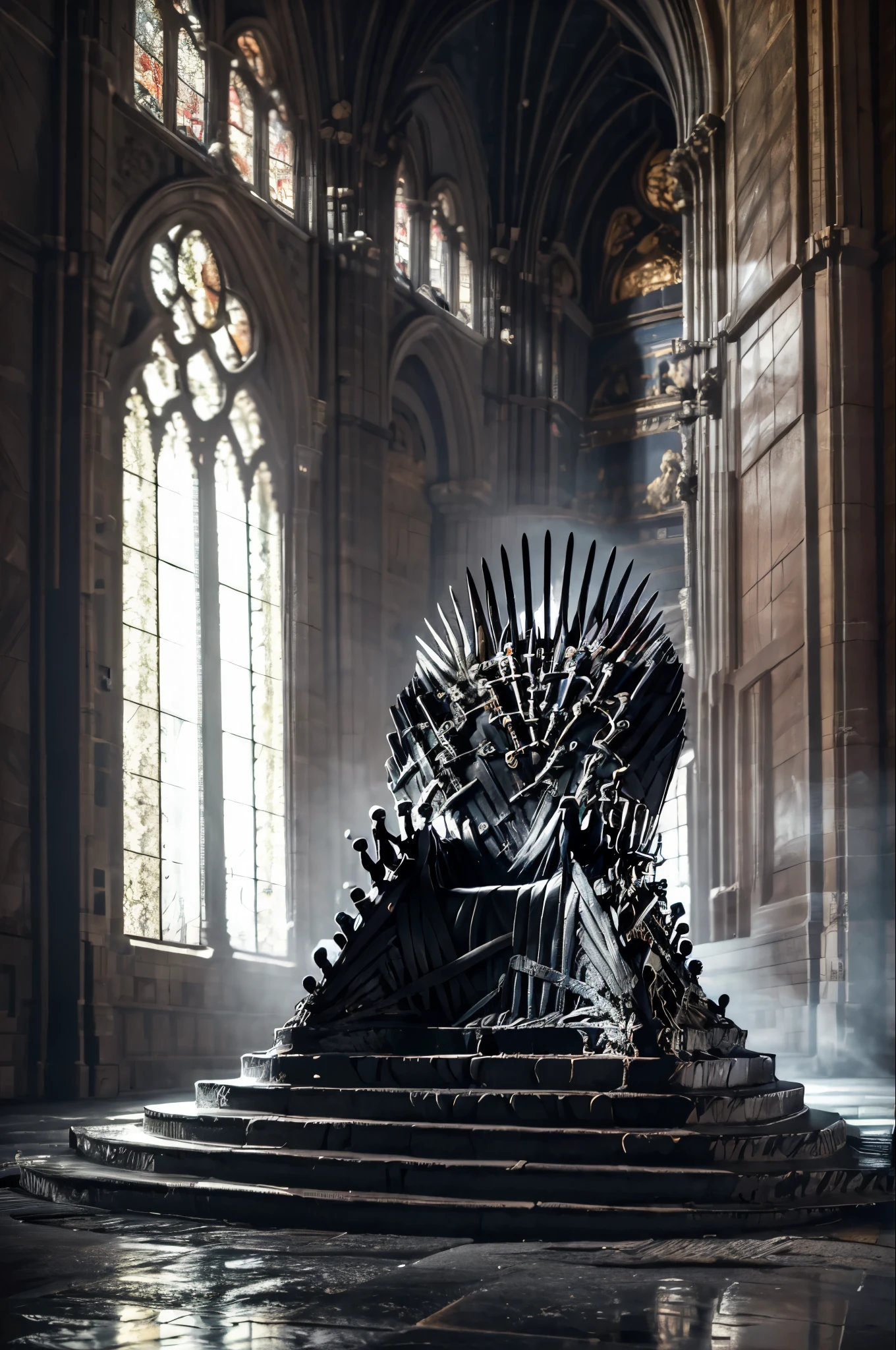 (8 k, RAW Photo, Highly detailed , masterpiece, pants falling on your eyes ), intense colors , high contrast ,film still, full shot photo of the most beautiful artwork in the world, cinematic light ,fantasy, high resolution,The Iron Throne ,, in the room ,One, sunlight ,