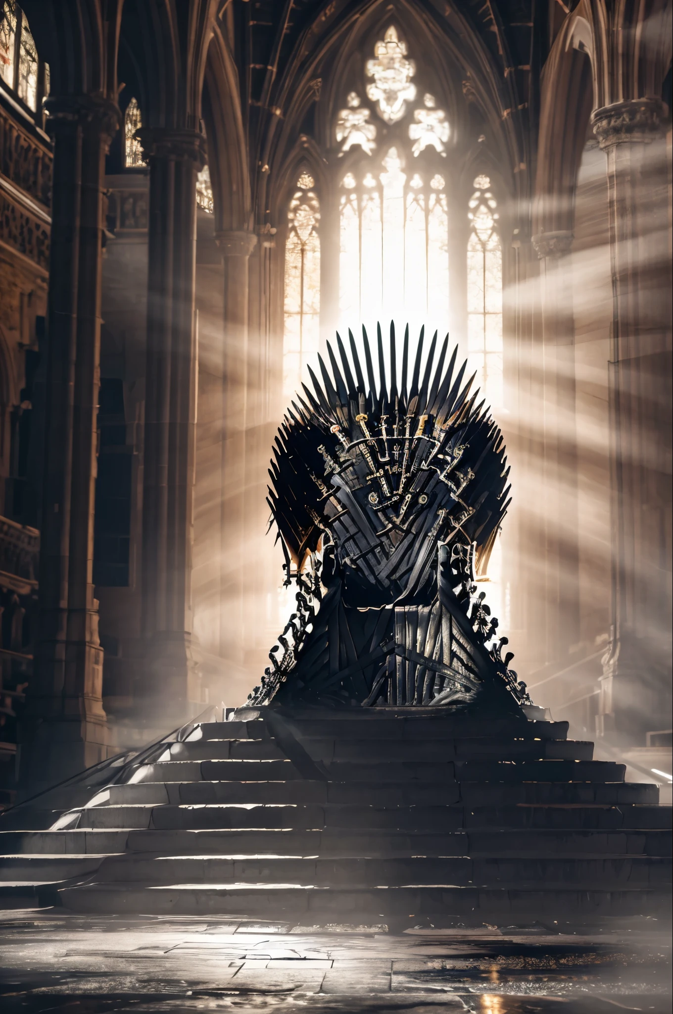 (8 k, RAW Photo, Highly detailed , masterpiece, pants falling on your eyes ), intense colors , high contrast ,film still, full shot photo of the most beautiful artwork in the world, cinematic light ,fantasy, high resolution,The Iron Throne ,, in the room ,One, sunlight ,