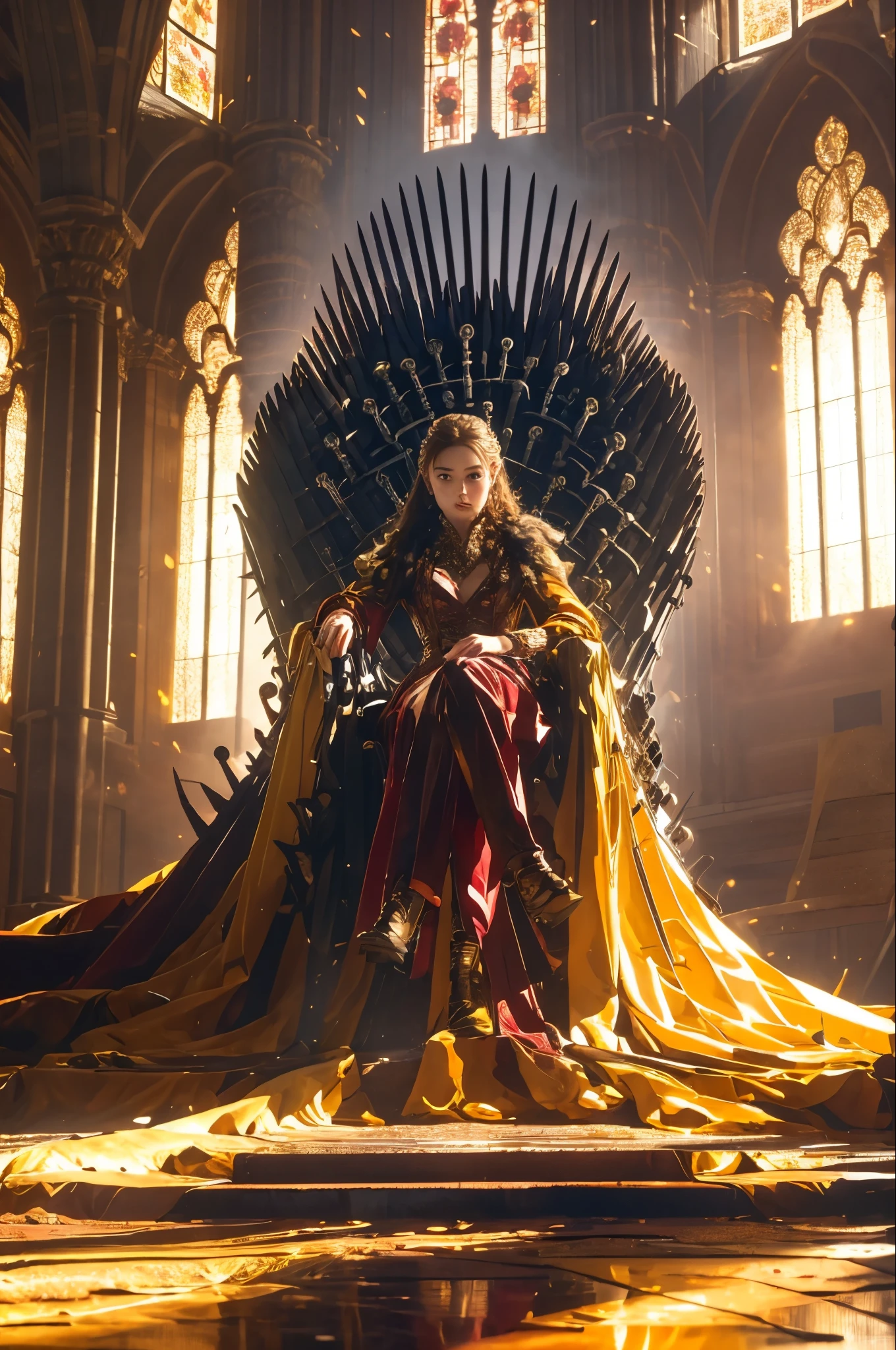 (8 k, RAW Photo, Highly detailed , masterpiece, pants falling on your eyes ), intense colors , high contrast ,film still, full shot photo of the most beautiful artwork in the world, cinematic light ,fantasy, high resolution,The Iron Throne ,, in the room ,One, sunlight ,