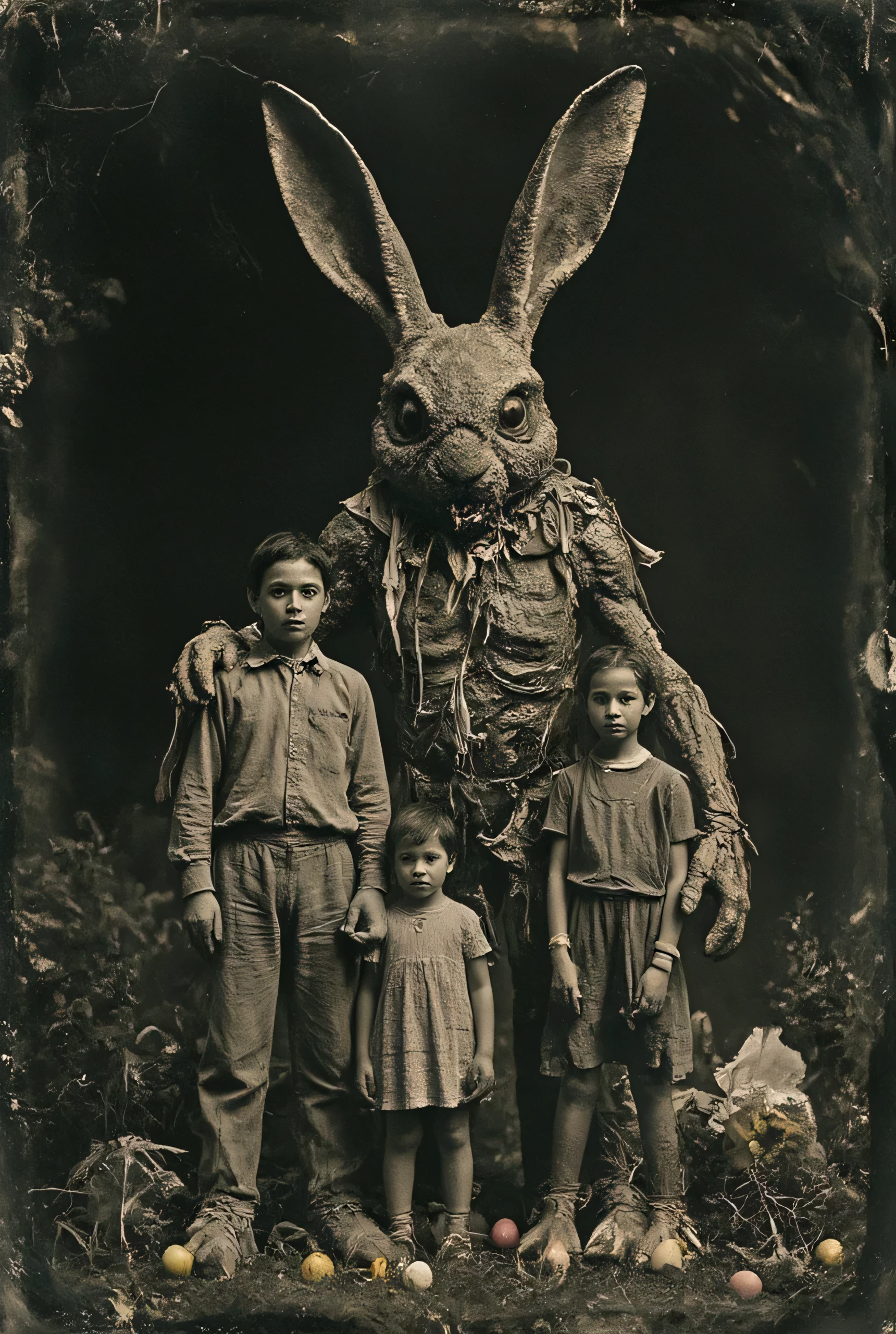 safe_pos, (score_9, score_8_up:1.1), score_7_up, photorealistic, rating:explicit                                                                daguerreotype photo of a gigantic horrifyingly grotesque disgusting  monster rabbit creature standing posing with a family outside on easter at night, colored-eggs wearing dirty cloth scraps masterpiece,, ,                                                                                 absurdres, masterpiece,, Expressiveh choker, anklets, , flux-style ((masterpiece, Highest quality, Best image quality, High resolution, Realistic, RAW Photos, 8k, Highly detailed)) 4lch3my_l4b CyberRealistic_Negative_PONY