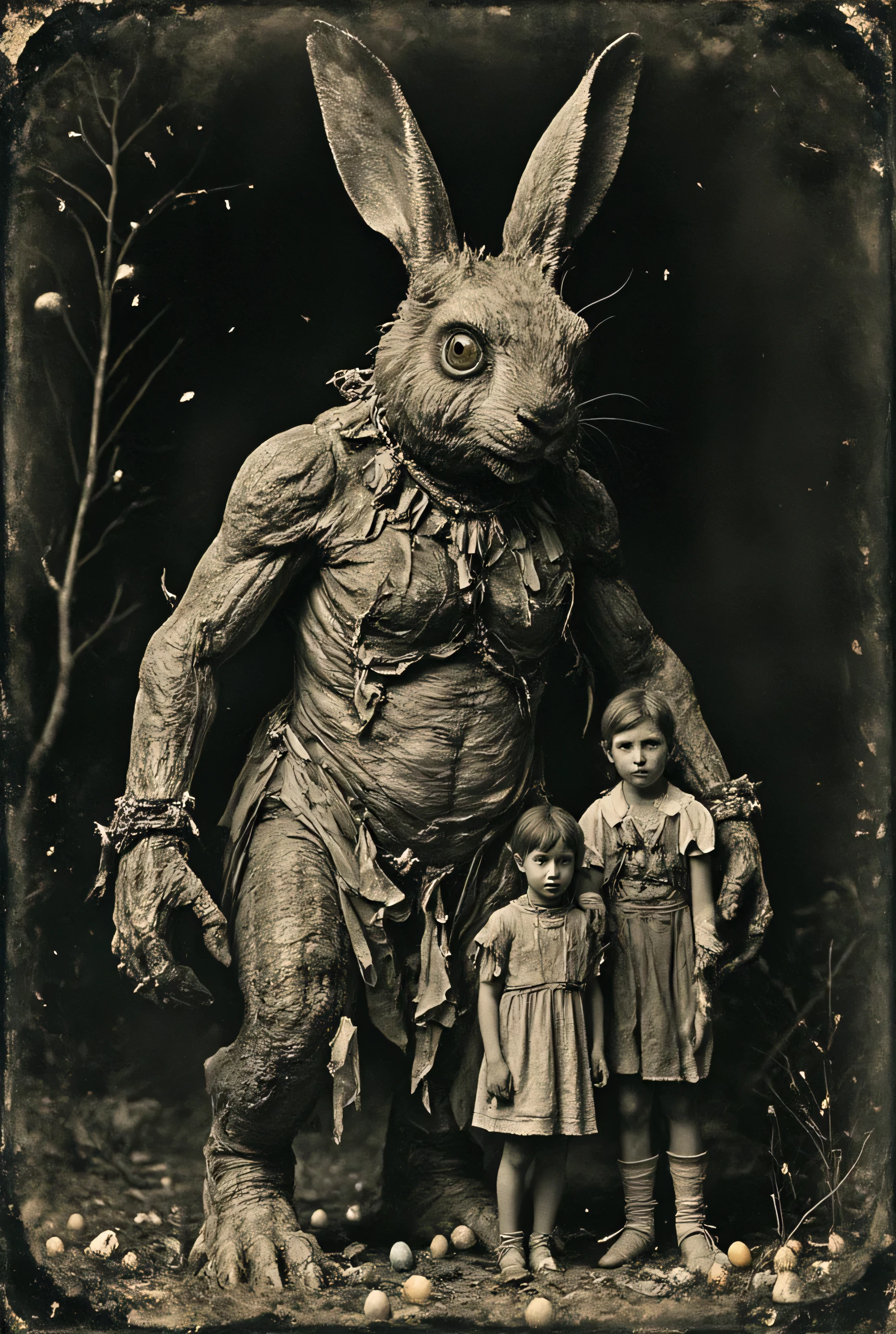 safe_pos, (score_9, score_8_up:1.1), score_7_up, photorealistic, rating:explicit daguerreotype photo of a gigantic horrifyingly grotesque disgusting monster rabbit creature standing posing with a family outside on easter at night, colored-eggs wearing dirty cloth scraps masterpiece,, , absurdres, masterpiece,, Expressiveh choker, anklets, , flux-style ((masterpiece, Highest quality, Best image quality, High resolution, Realistic, RAW Photos, 8k, Highly detailed)) 4lch3my_l4b CyberRealistic_Negative_PONY