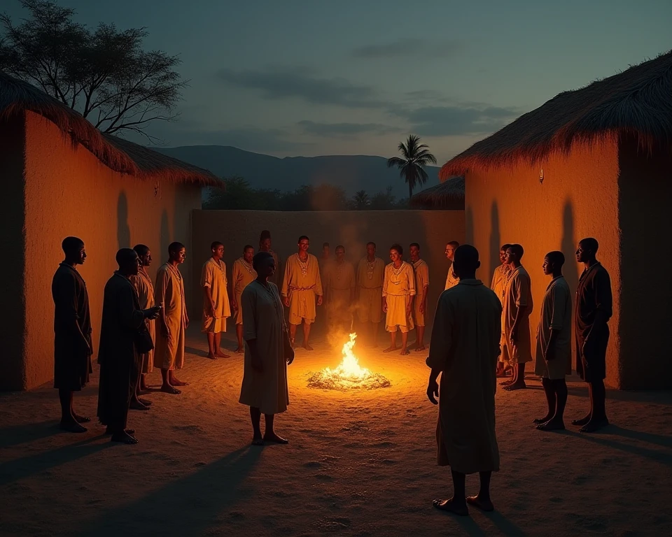A realistic, high-resolution cinematic scene showing slaves in a slave quarters, performing a religious calundu ceremony at night, illuminated by the soft and mysterious light of the moonlight. The slave quarters are a rustic and simple space, with mud walls and dirt floors. The enslaved are gathered in a circle, some sitting and others standing, with expressions of concentration and devotion. They wear simple, worn clothes, reflecting the harshness of their living conditions. In the center of the circle, a spiritual leader leads the ceremony, using ritual objects such as drums and small altars, as the smoke from burning herbs rises into the air
