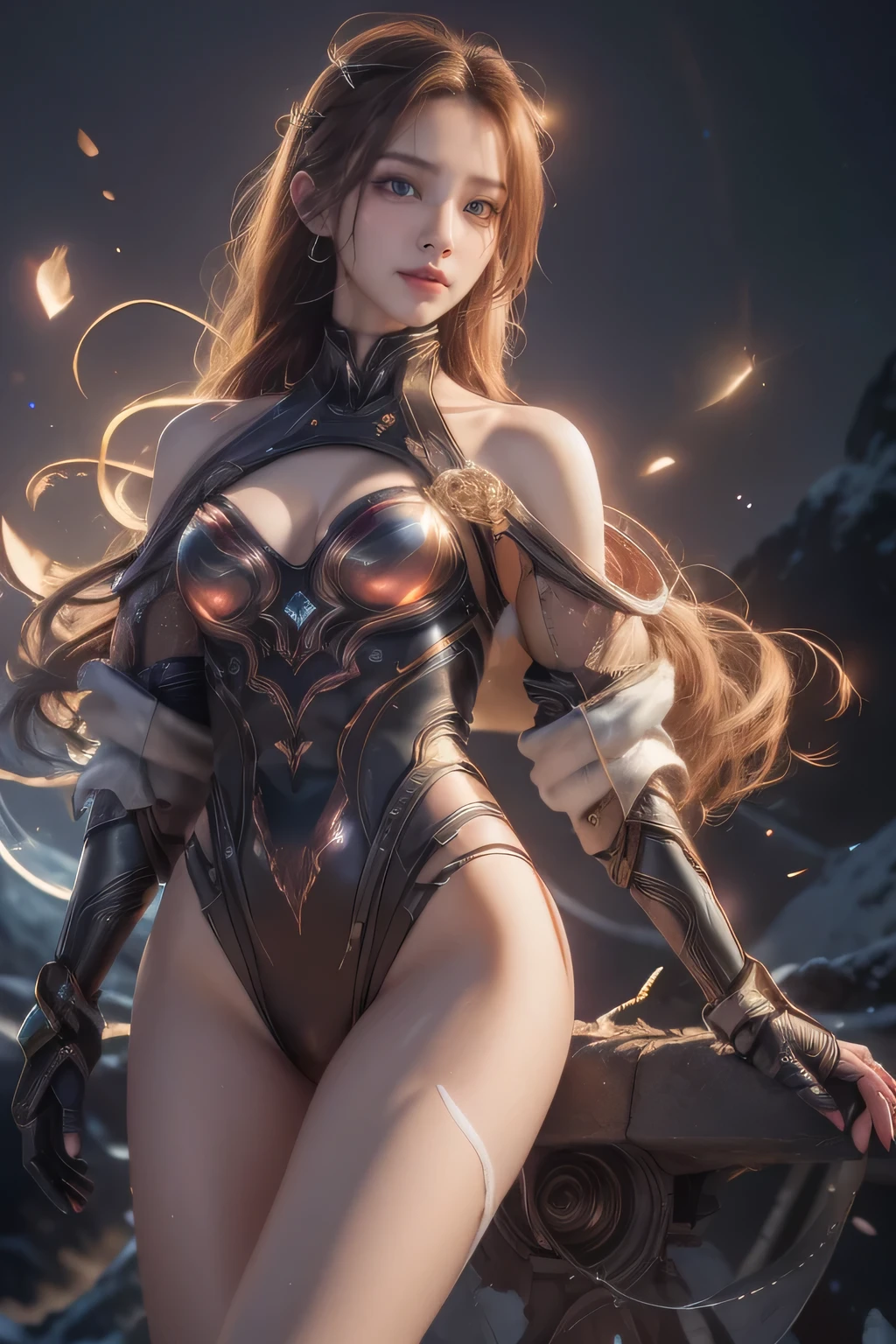 (ultra Realistic) , (illustration), (Enhance resolution), (8k), ( Extremely Detailed), ( detailed face ), Slim Body, in the dark , deep shadow, low profile, pureerosfaceace_v1, Happy smile, Winter, Mountain