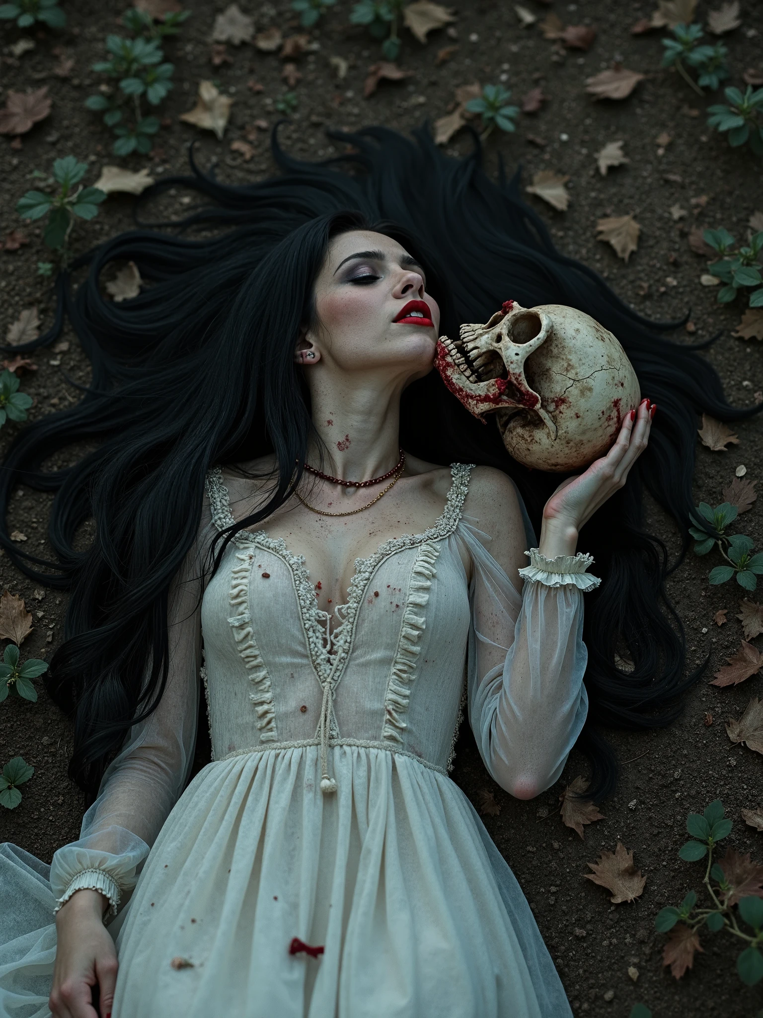 Beautiful black long haired woman,majestic melancholic, laying on the ground covered in leaves and soil next to a skull, kissing the skull with red lips,ghost white long dress,dirty and torn, covered in red pain and bone,obscure horror,industrial art,dark ambient art,dark surrealism, dark ambient, realistic dystopia background ,dark art pure