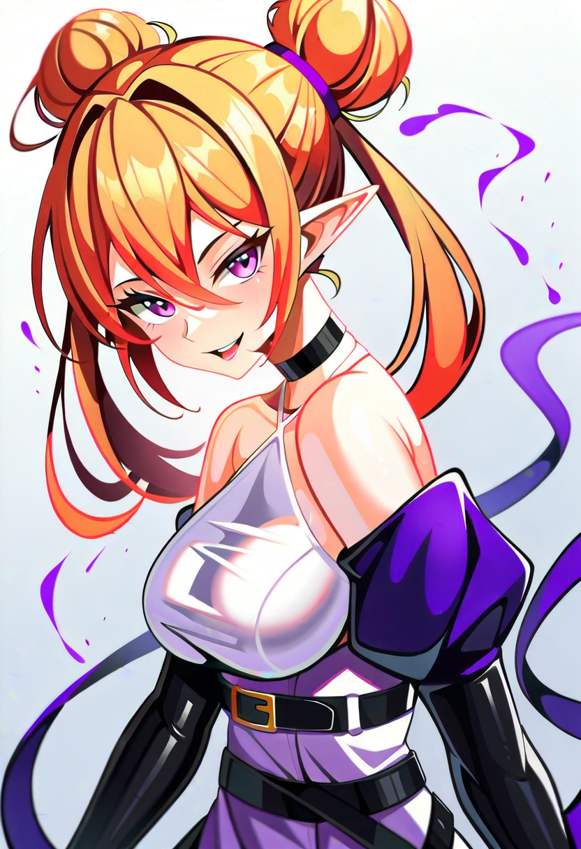 Wallpaper , 1 girl, game CG, see-through black leotard, cleavage visible, sideboob, devil horn headband, hair ribbon, gigantic breasts, orange hair, long hair, twintails, princess hairstyle, ahoge, brown glowing eyes, smile