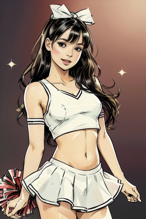 cheerleader,pequeno sorriso,cheerleader,cheerleader uniform, (((Obra de arte))), (((melhor qualidade))), ((ultra-detalhado)), (illustration), ((extremamente delicado e lindo)),(Bokeh,fundo desfocado),(melhor sombra), 1 garota,calcinha branca, cabelo preto, cabelo longo, kawaii,bonitinho,mudar, brilho Destaque Spot nos olhos, foco do personagem,tilt your head,