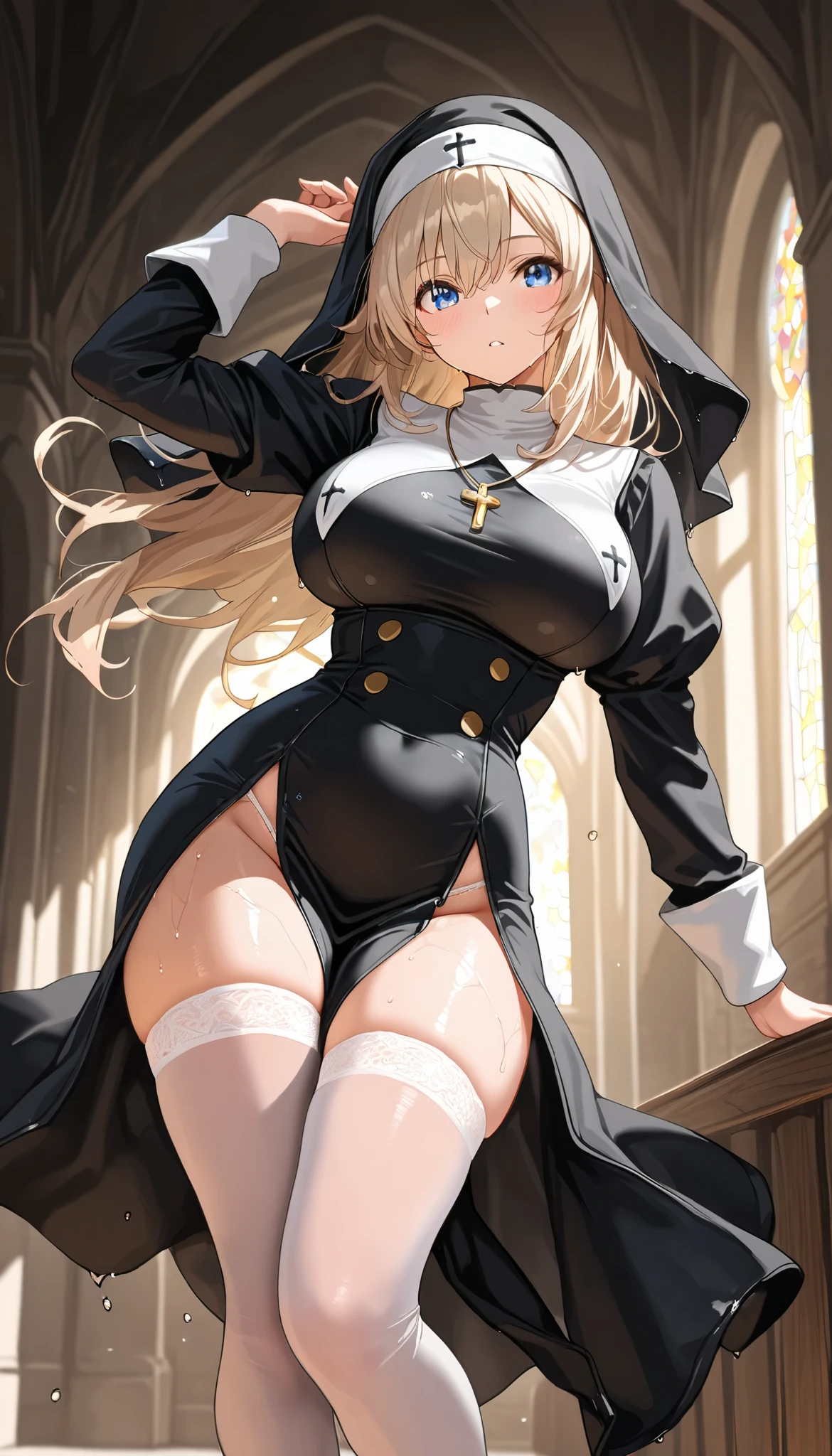 (((( Masterpiece)))), (((( top quality)))), high resolution,fine grain, detailed face, wet, nun, dress , action, big breasted with a cross eye