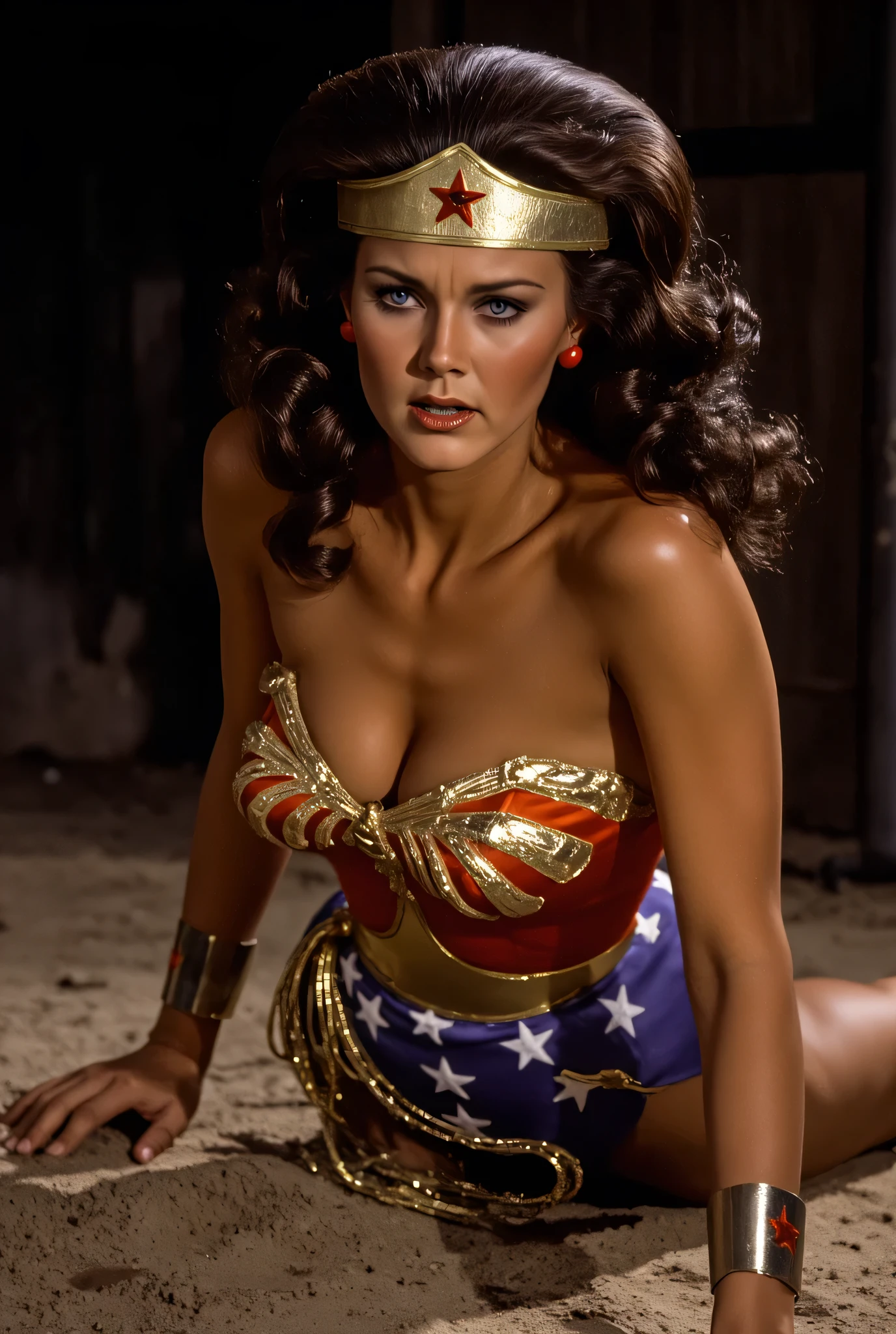 Wonder woman, lynda carter on all fours, cleavage, big breasts, screaming, chain collar around her neck