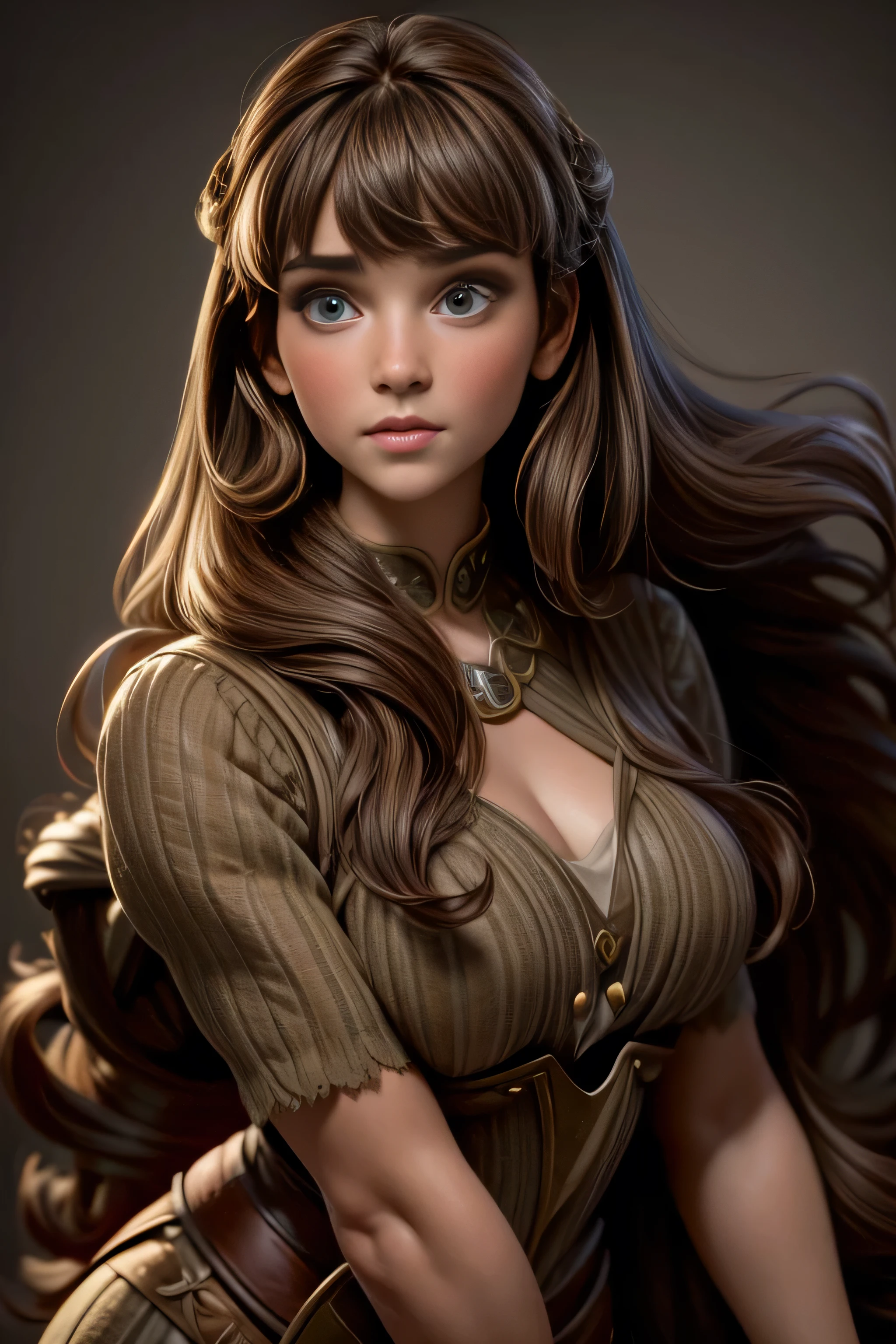Young woman from medieval times , long honey-brown hair with bangs and half-curled ends, grey eyes, firm stance, confident expression, masterpiece , super detail, lyrics, plain white background , without patterns, No textures.