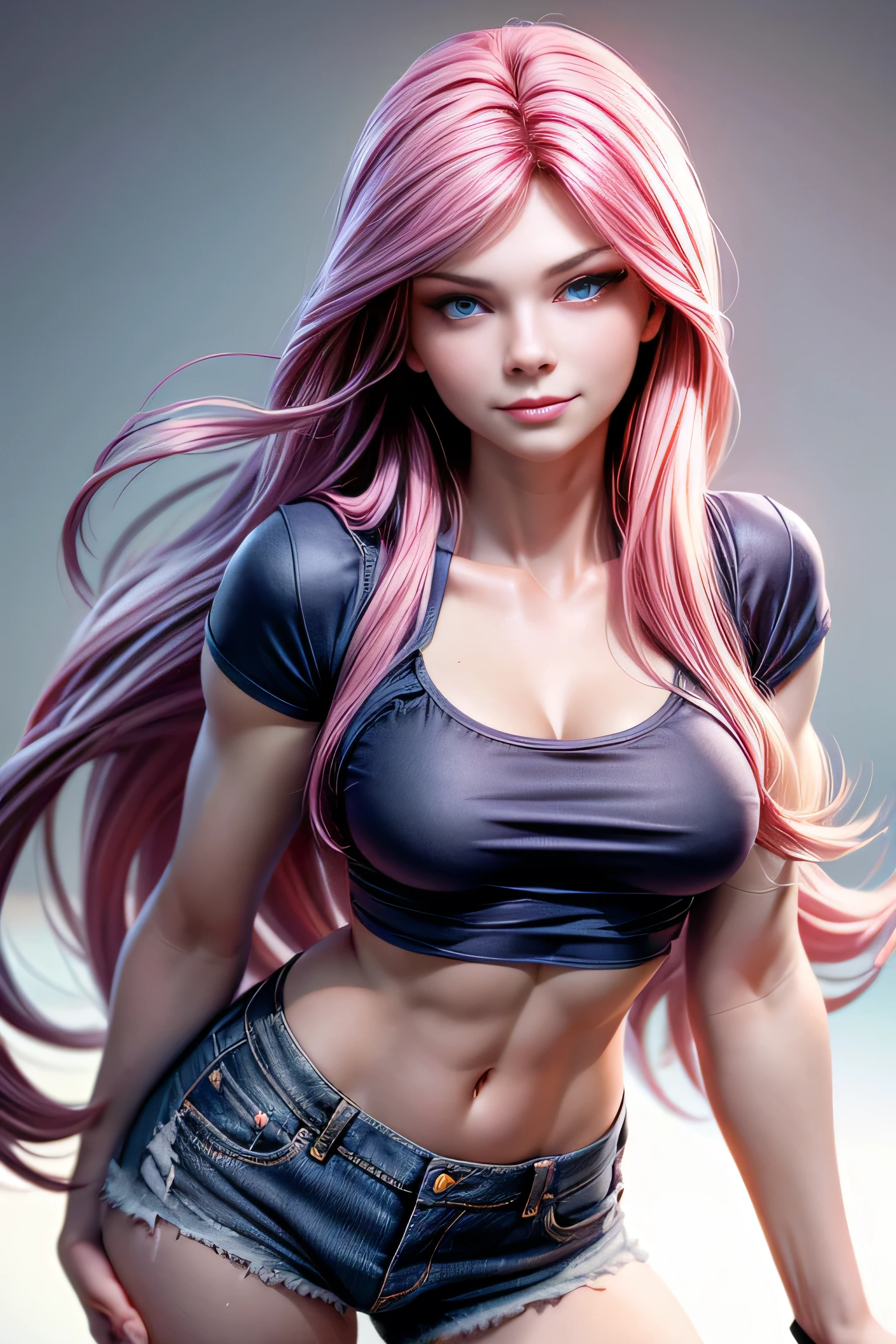 young girl,  long pink hair ,  blue eyes , firm stance, confident expression,  seductive smile , denim shorts ,  open black shirt and a top, firm stance, confident expression,  Dynamic Pose , face to the camera,  masterpiece , super detail,  lyrics,  plain white background , without patterns, No textures. 