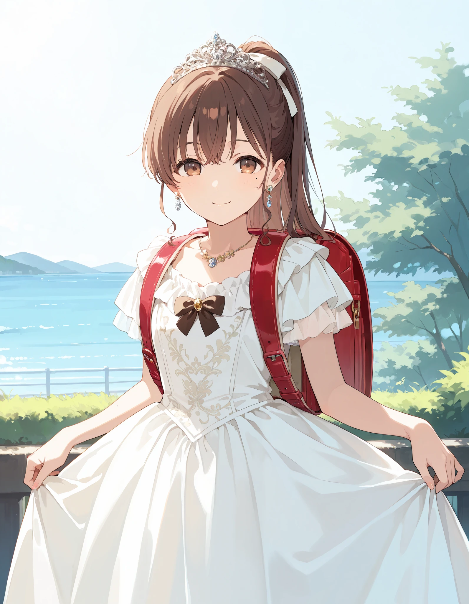 masterpiece, best quality, highres,2d, anime, 1girl, long hair, one side up, solo, ponytail, brown hair, long hair, hair ribbon, brown eyes, mole under eye, cowboy shot,princess dress, princess Costume, colorful princess dress, wearing Tiara, luxury dress,bowtie, smile, frilled dress, tiara, necklace, earrings, luxury jewelry, wearing randoseru backpack, red backpack, standing, outdoor