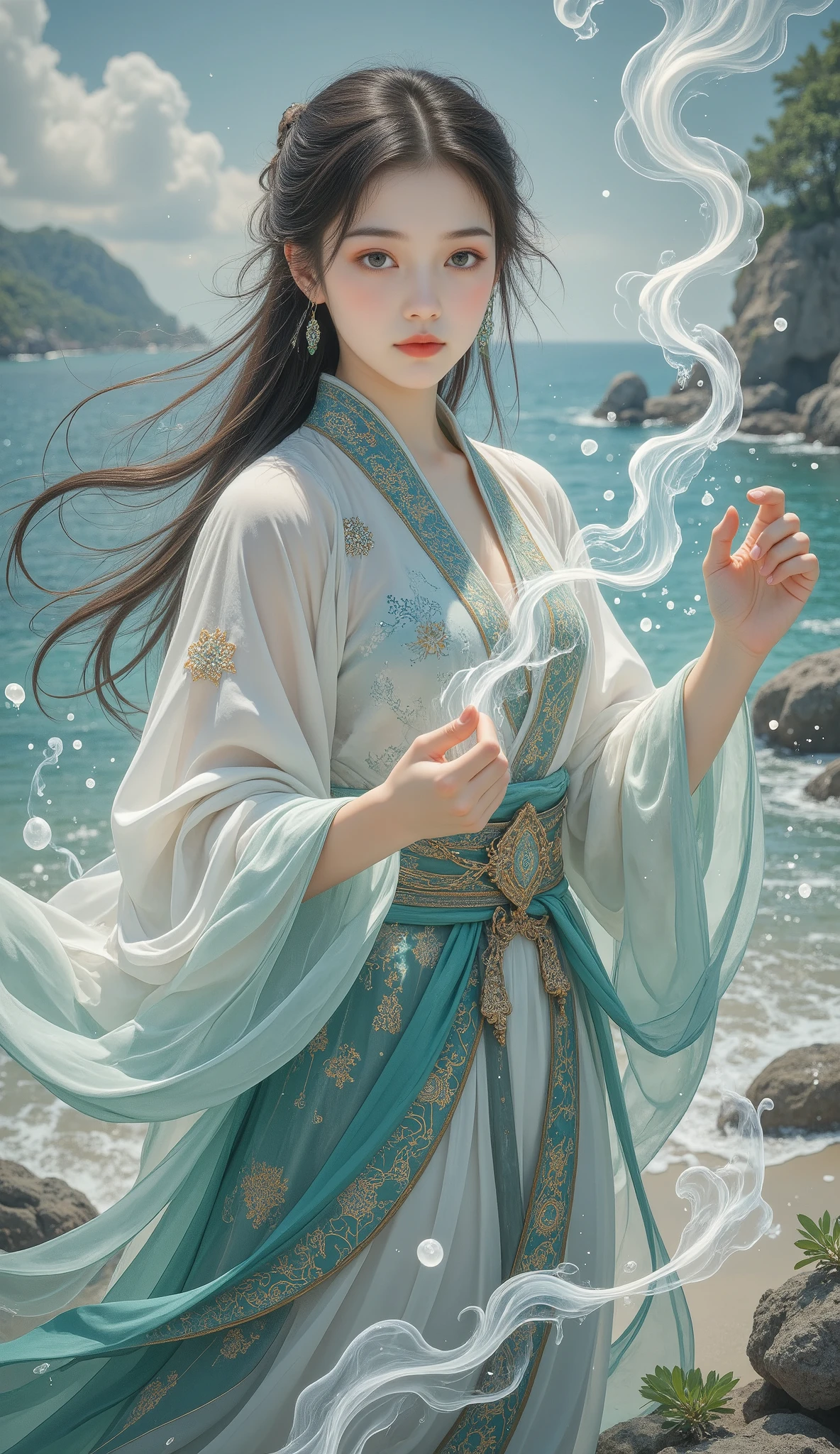 1 girl,hanfu,realistic,
(Masterpiece, high quality, best, official art, beautiful and beautiful, long-term contact:1.2),smooth movement,charming patterns,
1 girl,jade eyes,long black hair,
Portrait,alone,upper body,watching audience,detailed background,detailed facial information,(crystalline aluminum, crystal theme:1.1),elemental water wizard,swirling water,controlling the water,fantasy wizard clothing,dynamic posture,floating particles,ethereal dynamics,water,steam,background for the ocean,blue tones,coast,sacred atmosphere,