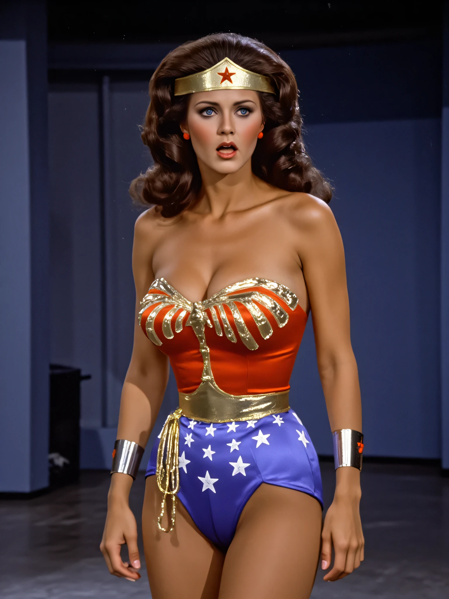 8k, best quality, real picture, photo of young beautiful perfect Lynda Carter as Wonder Woman, She is standing hot as fuck, the most beautiful girl in the galaxy wants sex now, open mouth sexy shocked expression, sensual teasing pose standing on a dimly lit hazy star-shaped platform in a sparkles stage set in a giant sci-fi arena, she is being sexually hypnotized by having an orgasmic sparkle dust affect her face and body, she's soaking wet with beads of sweat, it's making her so hot, she's going to have the most intense sexual orgasm of her life, huge naked breasts with pretty thick nipples, thin sexy stomach, tight satin shorts, shapely shimmering legs and feet, solo, best quality, realistic, photorealistic, (intricate details:1.2), (delicate detailed), (dark lighting) clear line, sharp focus, realistic face, detailed face,unity 8k wallpaper, ultra high res, (photorealistic:1.4), looking at viewer, w0nd3r woman