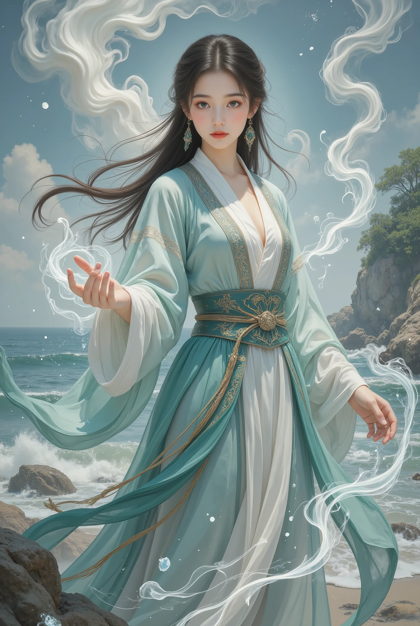 1 girl,hanfu,realistic,
(Masterpiece, high quality, best, official art, beautiful and beautiful, long-term contact:1.2),smooth movement,charming patterns,
1 girl,jade eyes,long black hair,
Portrait,alone,upper body,watching audience,detailed background,detailed facial information,(crystalline aluminum, crystal theme:1.1),elemental water wizard,swirling water,controlling the water,fantasy wizard clothing,dynamic posture,floating particles,ethereal dynamics,water,steam,background for the ocean,blue tones,coast,sacred atmosphere,