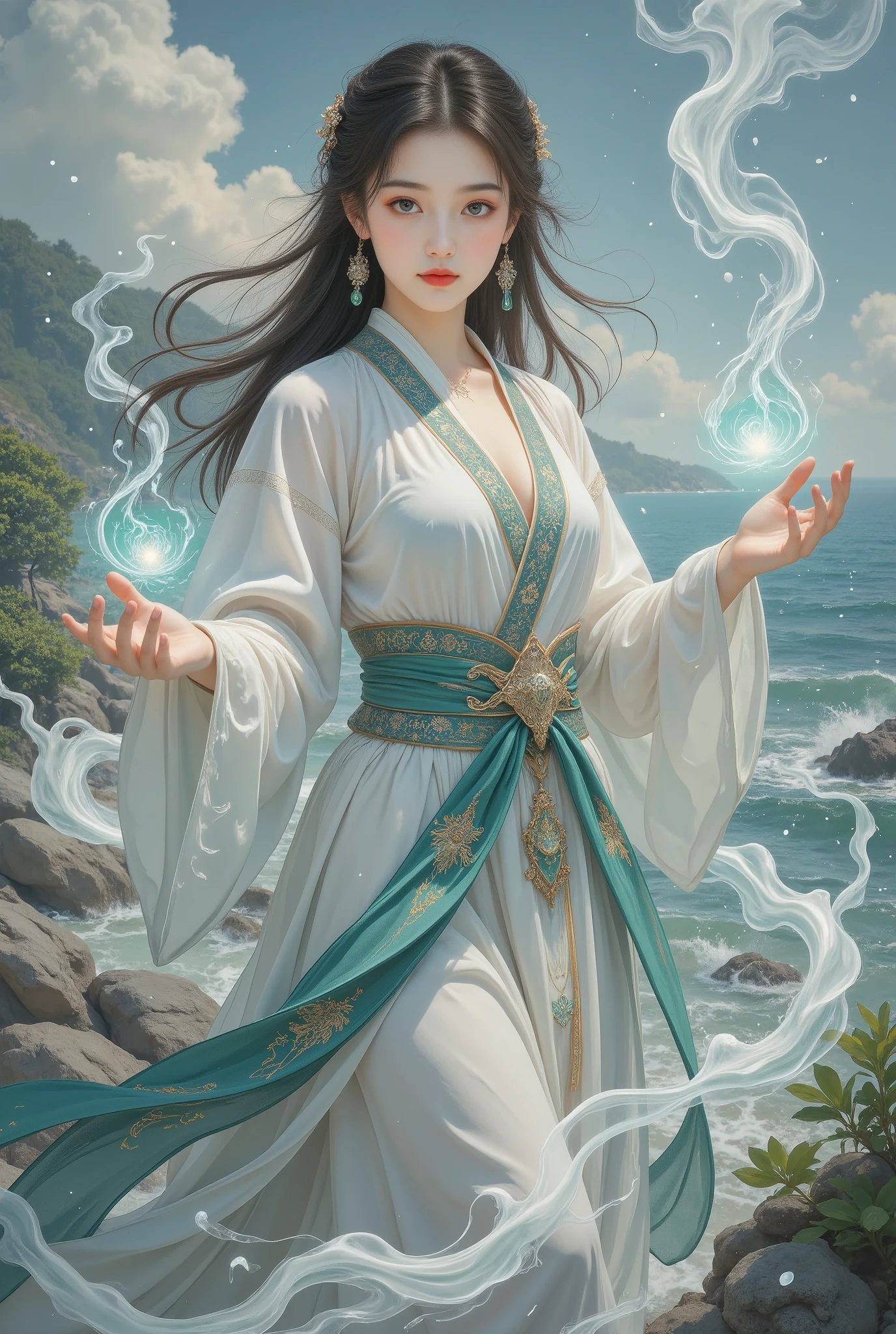 1 girl,hanfu,realistic,
(Masterpiece, high quality, best, official art, beautiful and beautiful, long-term contact:1.2),smooth movement,charming patterns,
1 girl,jade eyes,long black hair,
Portrait,alone,upper body,watching audience,detailed background,detailed facial information,(crystalline aluminum, crystal theme:1.1),elemental water wizard,swirling water,controlling the water,fantasy wizard clothing,dynamic posture,floating particles,ethereal dynamics,water,steam,background for the ocean,blue tones,coast,sacred atmosphere,
