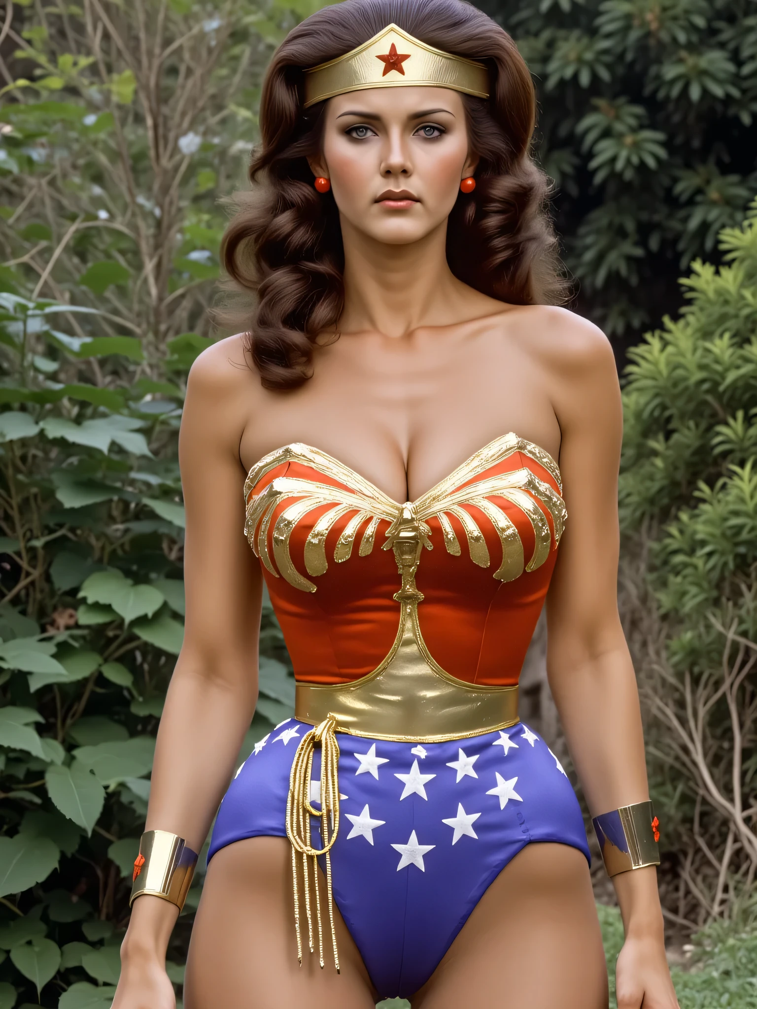 Real light ,  beautiful details shine , ((25 years old)), tall girl , Wavy long hair shape , wearing Wonder Woman's golden balance, ((( she ))),  very young Linda Carter ,  very big boobs ,  brown hair , Skinny boobs , Photographic view of bright red sanpaku eyes  ,  slim figure,  small waist, Wide hips, concerned expression, Emotionally happy , front view. whole body.  wearing a shiny red spandex bodysuit zipper in front of the palace , The low neckline fully displays her large bust. Roll up your sleeves. Her round, curvy ass . In the mysterious scene, .  Random Pose. Surrounded by vines .  is full of giant caterpillars .
