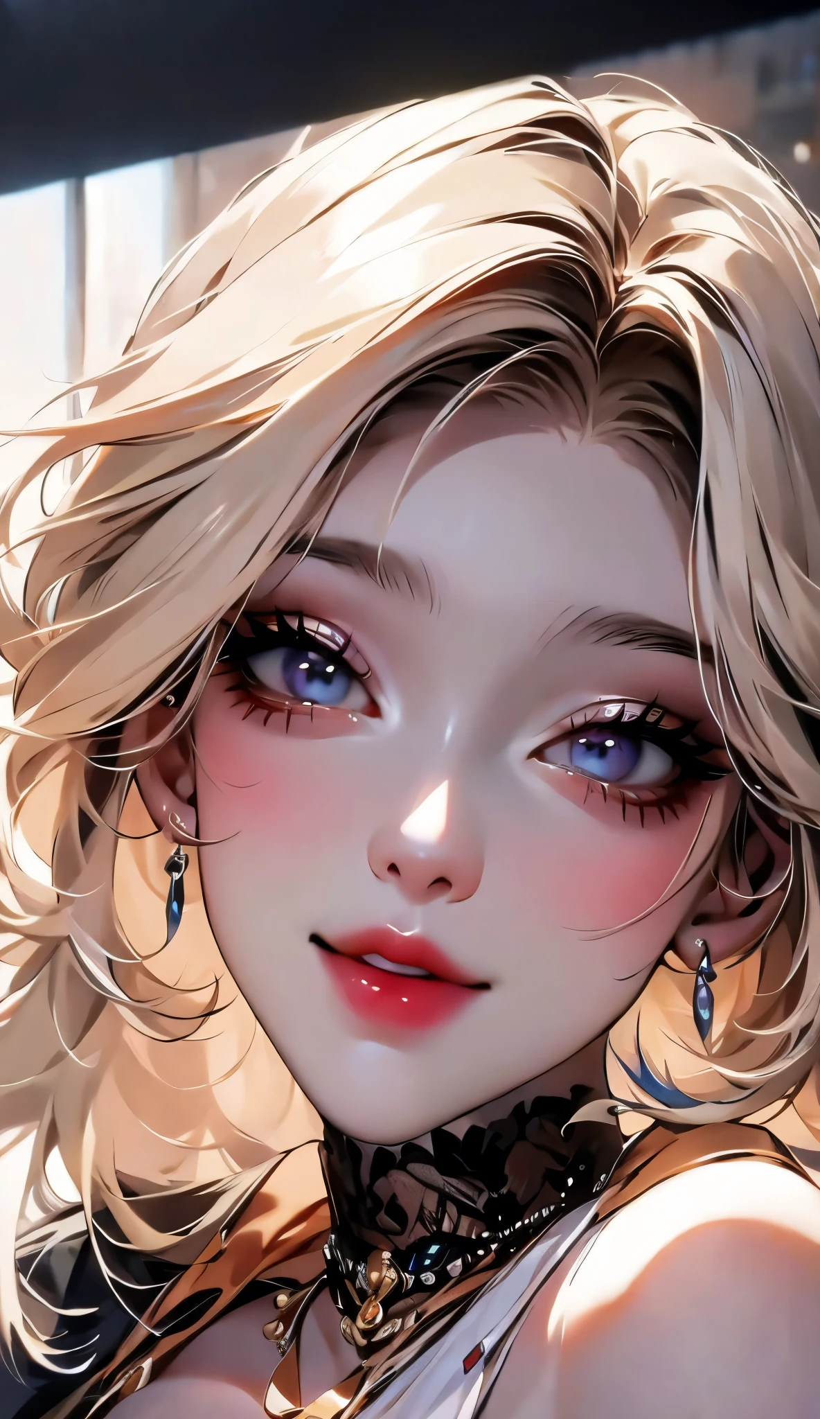 photo realistic,ultra hires,ung idol girl, distant gaze, OOTD,off shoulder white top,round young face,full accesories,necklace,big clear eyes,long eyelashes,large breast,slim waist,light makup,neat teeth, slightly smiling. light color hair,