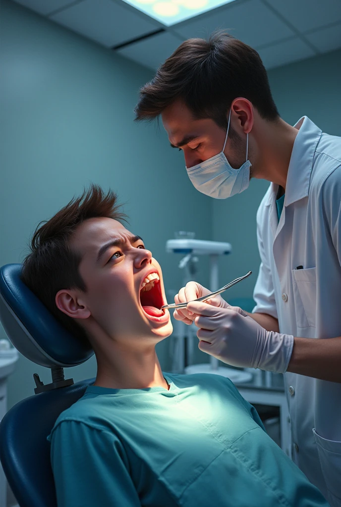 Young male dentist with t-shirt gloves and socks stopping his patient from screaming with his hands 