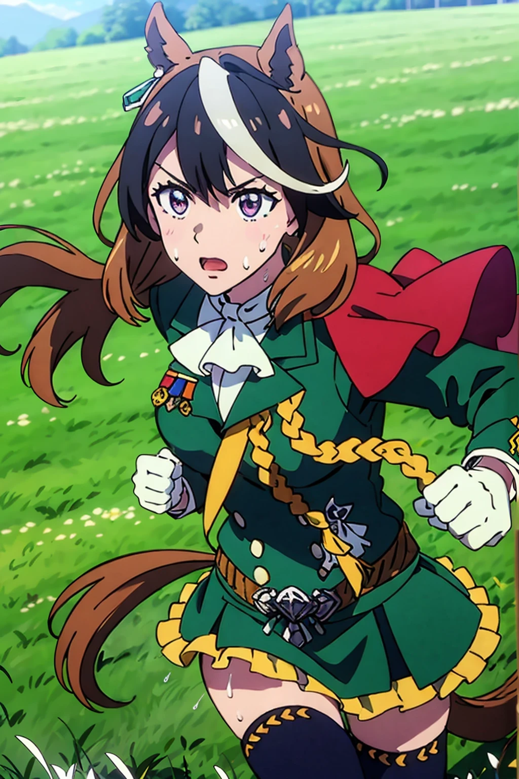masterpiece,highest quality,Super detailed,8k,High resolution,an extremely delicate and beautiful,Official Art,Perfect Anatomy,(solo:1.5),
Contrasting colors,octane rendering,Fully painted,anime coloring,anime screencap,Cel-shaded anime,retro artstyle,1990s \(style\),90s anime,90s anime style,
perfect face,ultradeTailed eyes,beautiful,sexy,supermodel,athletic body,shiny skin,Dramatic light,(scale to fit the dimensions:1.2),
((hmsymbo:1.52)),1girl,animal ears,streaked hair,horse tail,white gloves,black thighhighs,white ascot,red cape,single epaulette,long sleeves,green jacket,frills,medal,jewelry,green skirt,buttons,
(Running:1.11),((field,grass, running, sweat:1.37)),