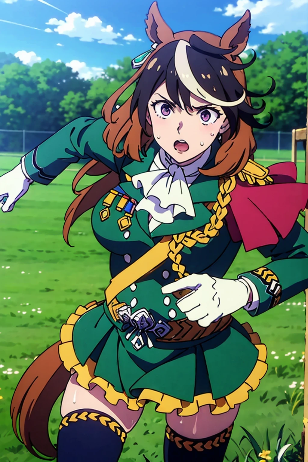 masterpiece,highest quality,Super detailed,8k,High resolution,an extremely delicate and beautiful,Official Art,Perfect Anatomy,(solo:1.5),
Contrasting colors,octane rendering,Fully painted,anime coloring,anime screencap,Cel-shaded anime,retro artstyle,1990s \(style\),90s anime,90s anime style,
perfect face,ultradeTailed eyes,beautiful,sexy,supermodel,athletic body,shiny skin,Dramatic light,(scale to fit the dimensions:1.2),
((hmsymbo:1.52)),1girl,animal ears,streaked hair,horse tail,white gloves,black thighhighs,white ascot,red cape,single epaulette,long sleeves,green jacket,frills,medal,jewelry,green skirt,buttons,
(Running:1.11),((field,grass, running, sweat:1.37)),