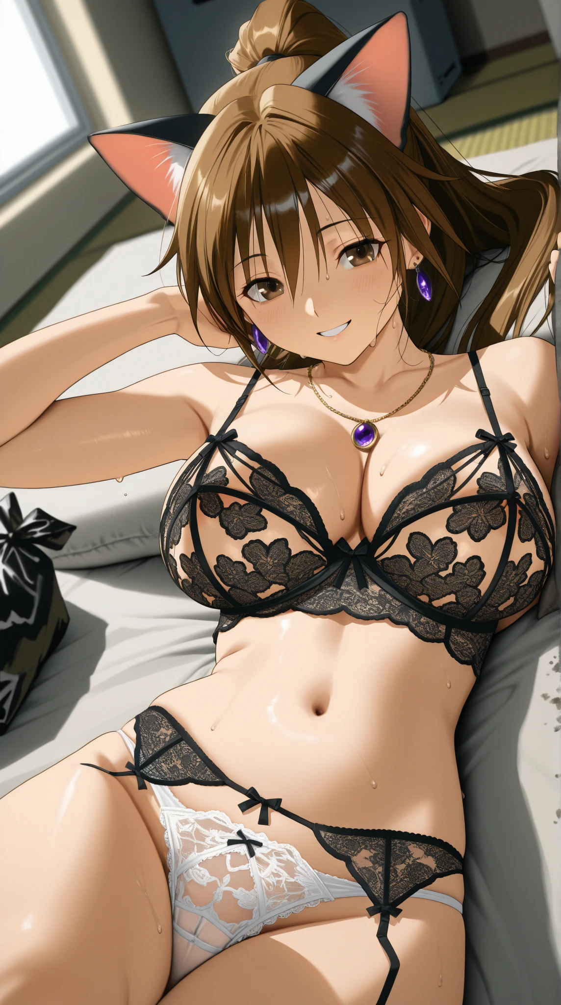 1 girl, alone, Big breasts, (blush:1.3), (chestを掴む:1.6), ((Angle of view)), smile, stick out tongue,(masterpiece:1.1)、(highest quality:1.1)、short hair、excellent anatomy、orange hair、brown hair、brown eyes、(巨大なchest、panties on、thighs thighs thighs、thighs thighs thighs:1.2)、looking at the viewer、mature woman、side lock、Kyoka Tachibana、red blush,Lying on top of, 1 girl, panties, chest, big chest, alone, dakimakura (Moderate), whole body, large chest, No bra, side-tie panties, black panties, blush, nipple, naked, nude, smile, upper arm, both hands, in the heat, erotic face, dakimakura midium