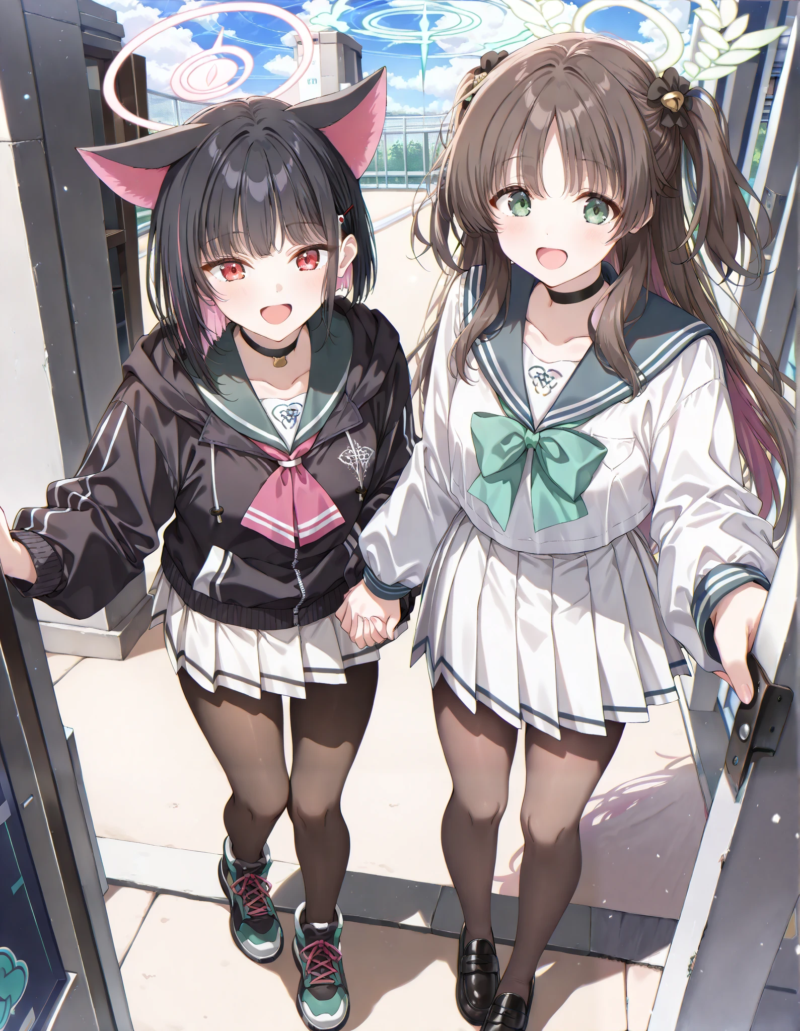 Masterpiece, realistic, solo, hd, best quality, 2girl, 2 girl standing each other, holding hands, ((airi, kurimura Airi, blue archive character,green eyes, black hair, long hair, hair ornament,green halo, sailor collar, white shirt, long sleeves, green bowtie, white skirt, black frills, thighhighs, black footwear, smile, happy)), ((Kazusa, blue archive, blue archive character, trinity, short hair,skirt,black hair,hair ornament,red eyes,long sleeves,animal ears,jacket,pink hair,pantyhose,sidelocks,pleated skirt,choker,hairclip,cat ears,hood,miniskirt,sailor collar,black jacket,neckerchief,black pantyhose,black choker,halo,white skirt, blue sailor collar, wearing hoddie,colored inner hair,black hoodie,pink neckerchief, smile, opened mouth, happy)), standing, outdoor