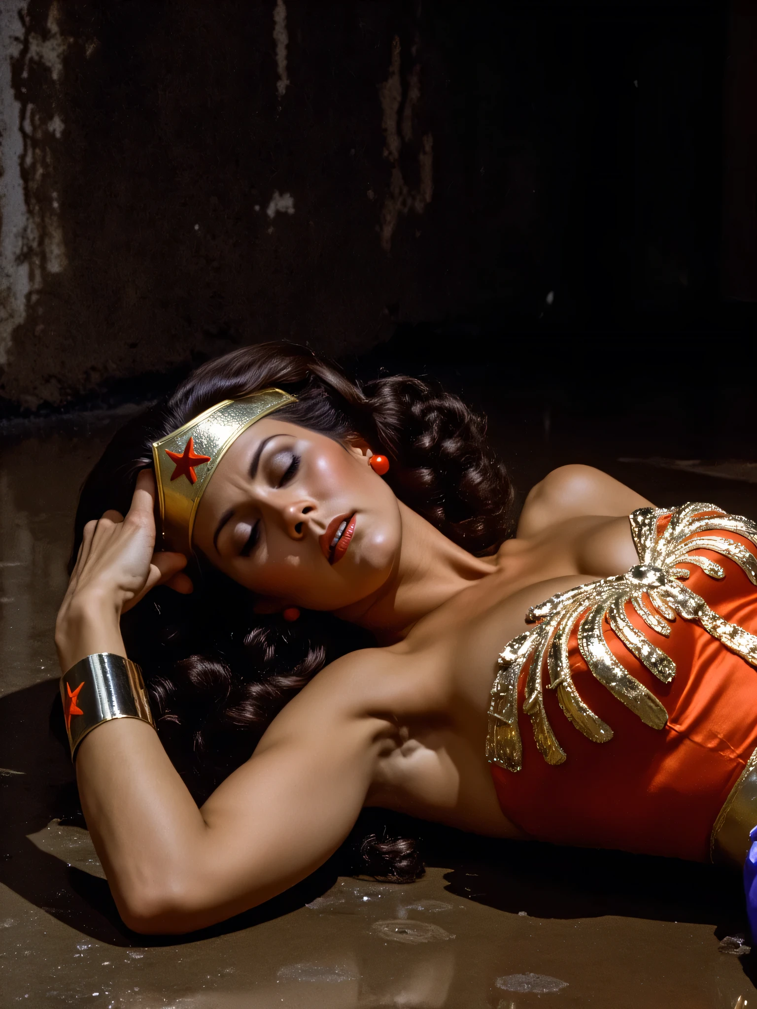 Lynda Carter as Wonder Woman, full bruised and beaten injured body photo, she surrenders in sexual defeat, asleep on her back having a complete body orgasm, on top of dark wet concrete in hazy dripping wet dungeon, so beautiful and sexy as she is suffering, wet open mouth, sweaty skin, a vision of a beautiful victim