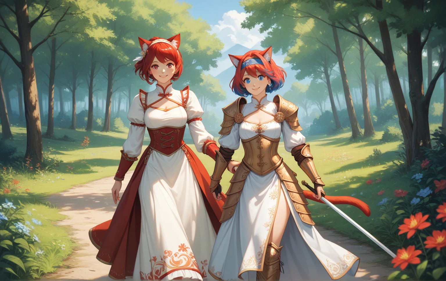 Two beautiful young women, Anime Style, Detailed face, Redhead, Red eyes, Delicate features, Soft lighting, Dressed in elaborate fantasy costumes, Stand Together, Fantastic and fascinating expression, Mystical forest background with glowing plants and magical creatures, A person holding a staff with a glowing crystal, The other is wearing a flowing jeweled gown, Vivid and fascinating fantasy lighting, Dynamic pose, Japanese Anime Style, high quality, Very detailed, 8K resolution, Cinema Lighting, 最high quality, Vibrant colors, Instagrammable, beautiful, trend