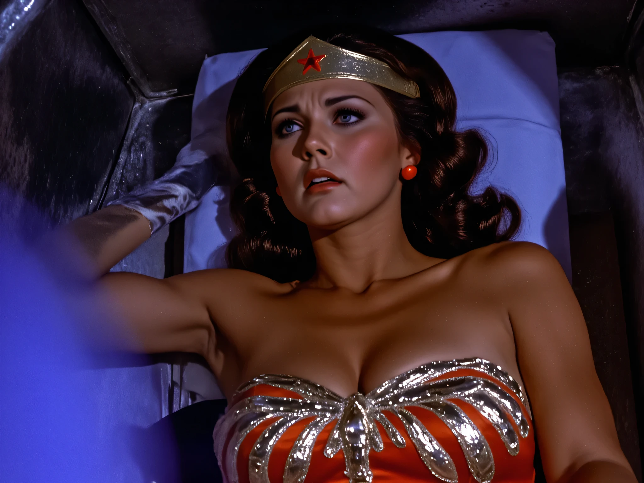 8k, best quality, real picture, photo of young beautiful perfect Lynda Carter as Wonder Woman, scene from tv show, shocked sexy expression, she is lying full complete body straight and flat on her back in a dark glowing neon erotic laboratory metal coffin being sexually tortured by having water drip on her vagina, it's making her so wet and hot, she's going to have the most intense sexual orgasm of her life, solo, best quality, realistic, photorealistic, (intricate details:1.2), (delicate detailed), (dark lighting) clear line, sharp focus, realistic face, detailed face,unity 8k wallpaper, ultra high res, (photorealistic:1.4), looking at viewer, w0nd3r woman