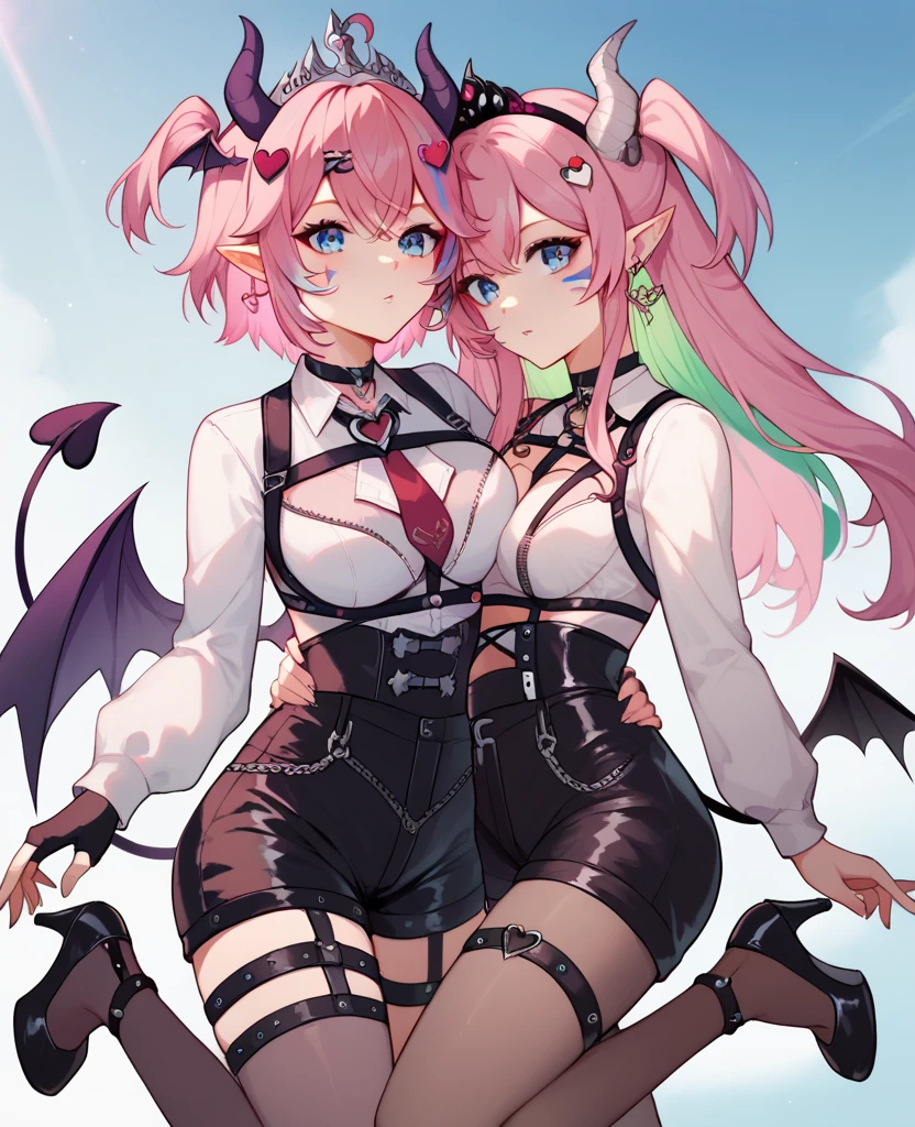 IronmouseDefS2, purple eyes, demon horns, demon girl, demon tail, demon wings, heart hair ornament, heart ahoge, twintails, bangs, two side up, long hair, Froot1st, demon girl, facial mark, multiple horns, green hair, green eyes, multicolored hair, pointy ears, demon horns, short hair with long locks, blue hair, tiara, streaked hair, earrings, bangs, sidelocks, hair ornament, colored inner hair, luiBase, blue eyes, pink hair,
luiFirst, pink hair, short hair, parted hair, double-parted bangs, hair between eyes, black hairband, blue eyes, hair wings, black choker, white shirt, chest harness, breast zipper, red necktie, white ascot, long sleeves, white shirt, black gloves, partially fingerless gloves, thigh strap, high-waist shorts, leather shorts, black shorts, pantyhose, strappy heels, black footwear,