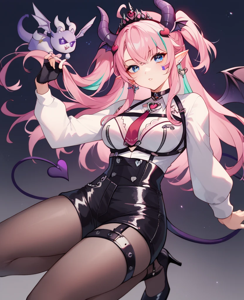 IronmouseDefS2, purple eyes, demon horns, demon girl, demon tail, demon wings, heart hair ornament, heart ahoge, twintails, bangs, two side up, long hair, Froot1st, demon girl, facial mark, multiple horns, green hair, green eyes, multicolored hair, pointy ears, demon horns, short hair with long locks, blue hair, tiara, streaked hair, earrings, bangs, sidelocks, hair ornament, colored inner hair, luiBase, blue eyes, pink hair, luiFirst, pink hair, short hair, parted hair, double-parted bangs, hair between eyes, black hairband, blue eyes, hair wings, black choker, white shirt, chest harness, breast zipper, red necktie, white ascot, long sleeves, white shirt, black gloves, partially fingerless gloves, thigh strap, high-waist shorts, leather shorts, black shorts, pantyhose, strappy heels, black footwear,