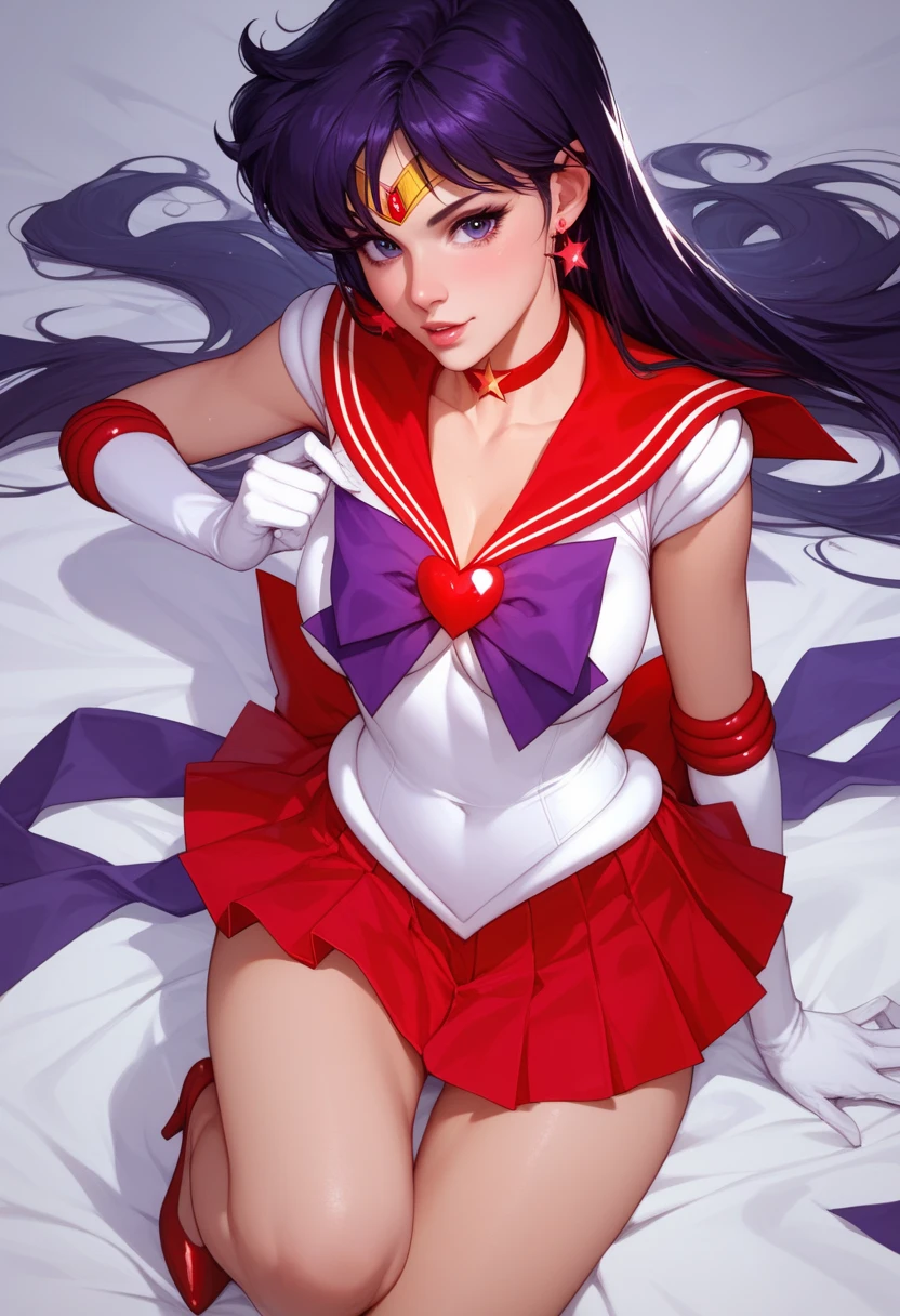 A black-haired, muscular mature woman dressed as Sailor Mars in her room, wearing red high heels and white gloves, flashing her panties with a disgusted look on her face.