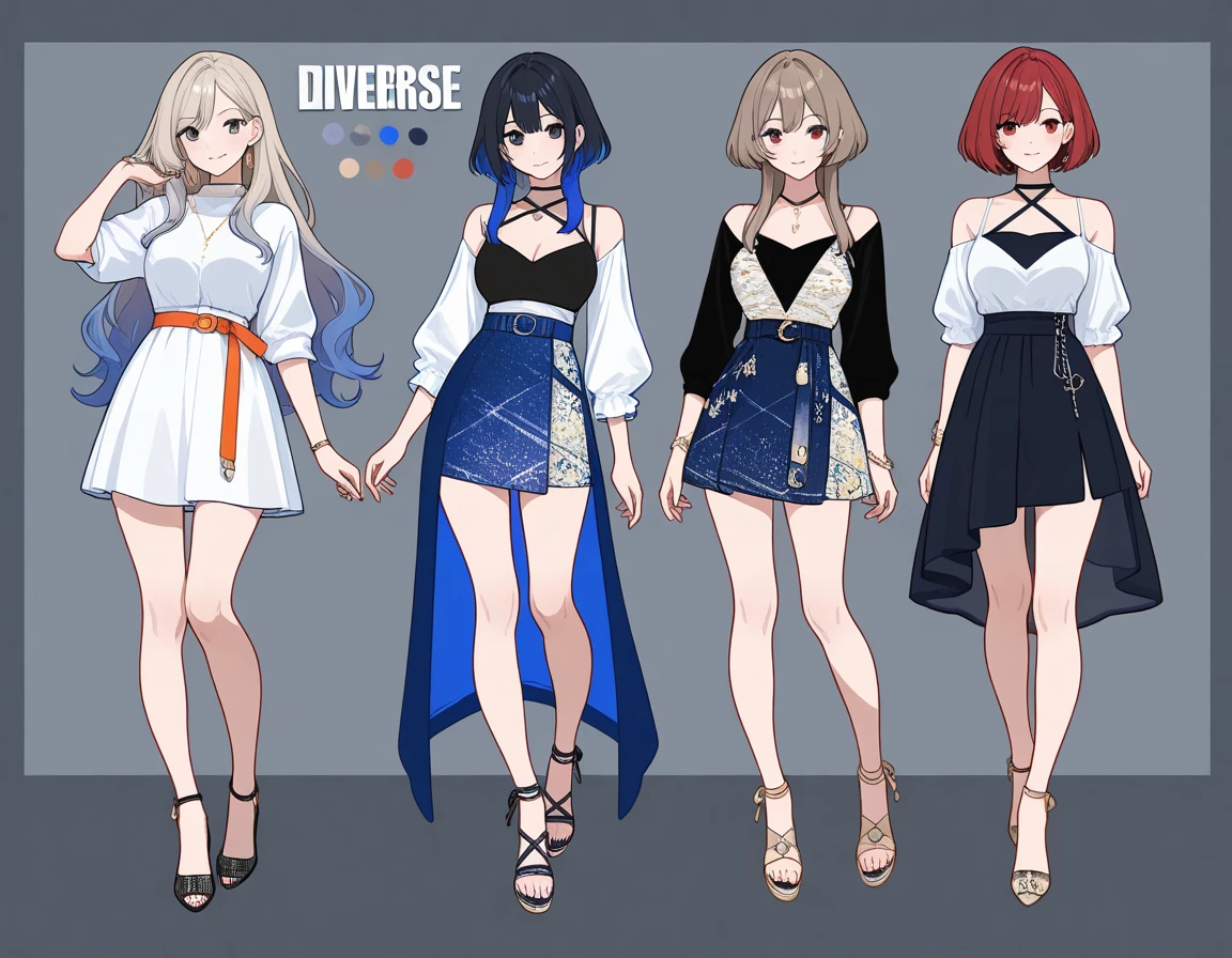 1girl, solo, (white background:1.4), simple background, standing, full body, smile, ReineBase, bright pupils, long hair, side ponytail, feather hair ornament, blue dress, navel cutout, detached sleeves, earrings, white thighhighs, curvy, tall, mature female <lora:pavolia reine 3 outfits:1>