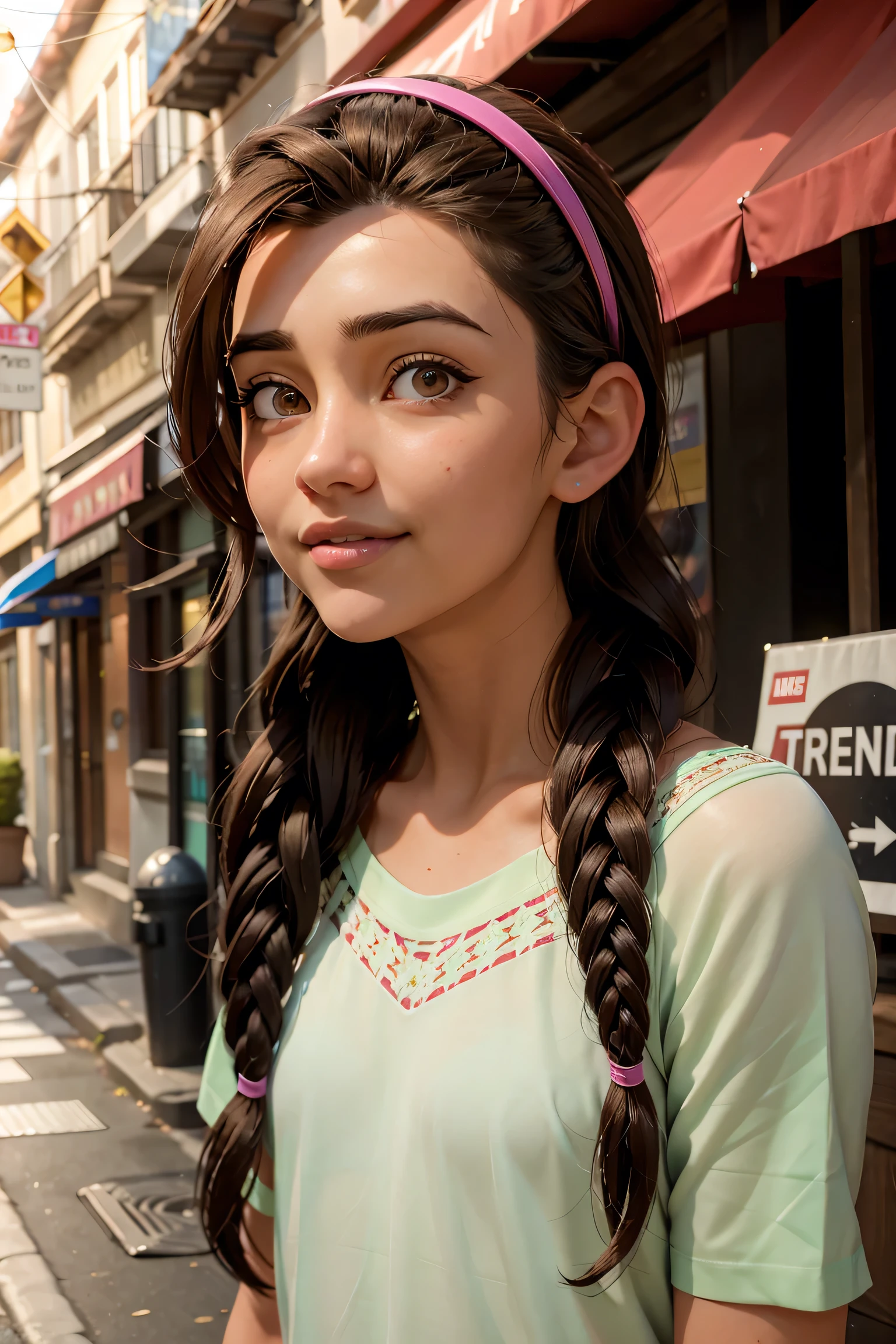 An impressive and intricate full color portrait, Ultra-HD a girl, brown hair with 2 braids, brown eyes, pink headband, detailed face, dressed in a light green t-shirt with embroidery on the neck, no logos, epic character composition, alessio albi, nina masic, sharp focus, natural lighting, subsurface dispersion, f2, 35mm, cute smile.