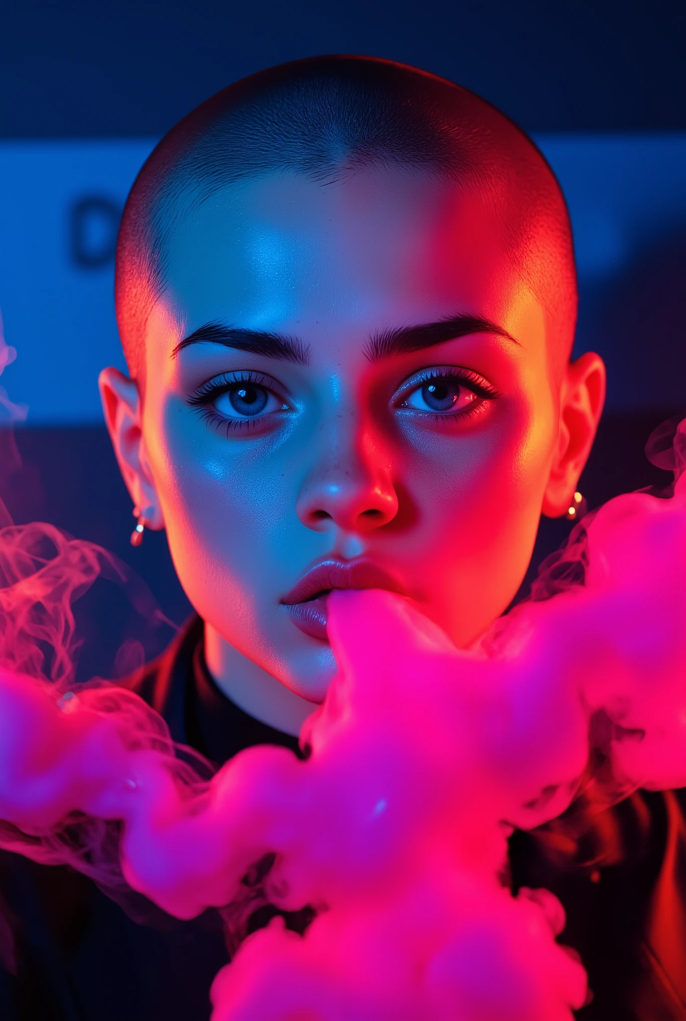 selfi-photography of punk shaved head woman with blue vivid eyes, pink smoke in mouth. Blue and orange illumination