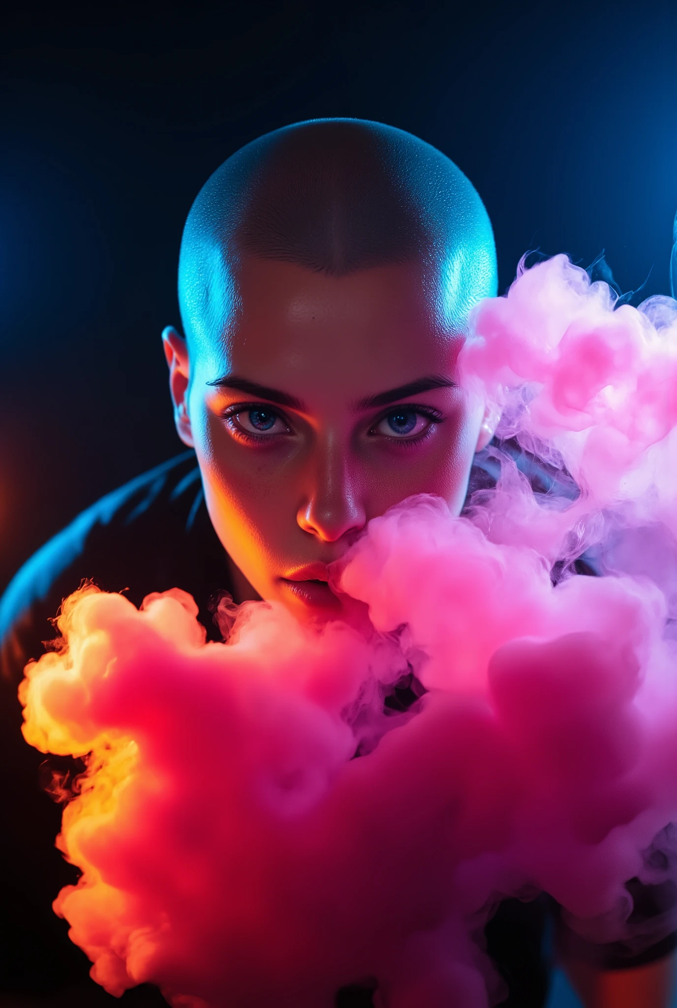 selfi-photography of punk shaved head woman with blue vivid eyes, pink smoke in mouth. Blue and orange illumination