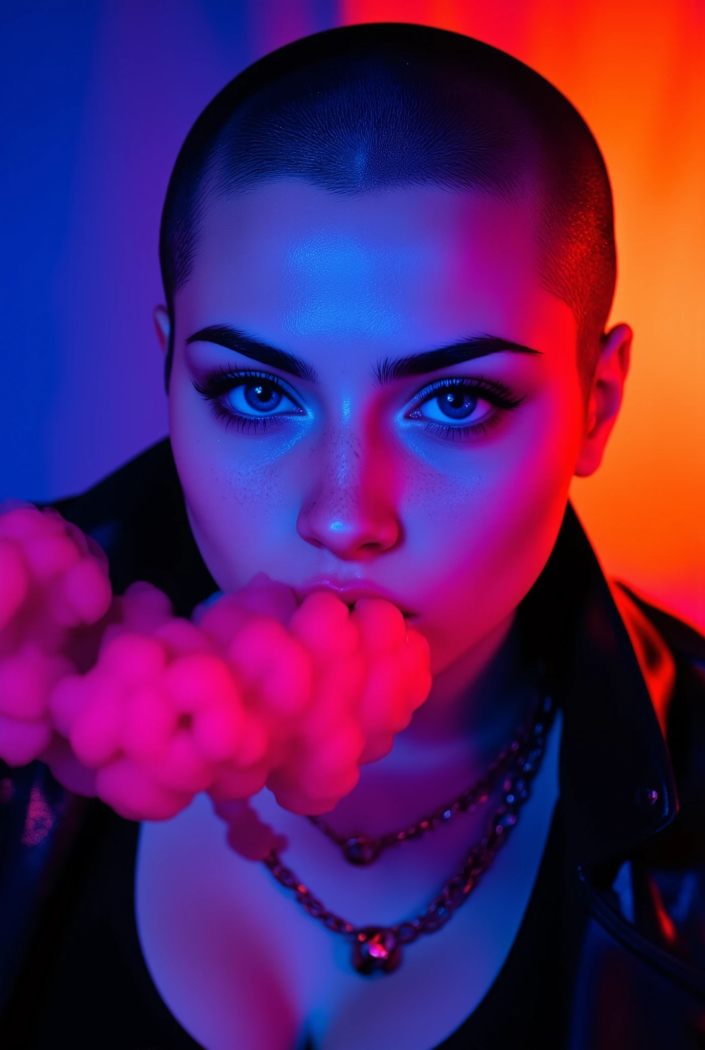 selfi-photography of punk shaved head woman with blue vivid eyes, pink smoke in mouth. Blue and orange illumination