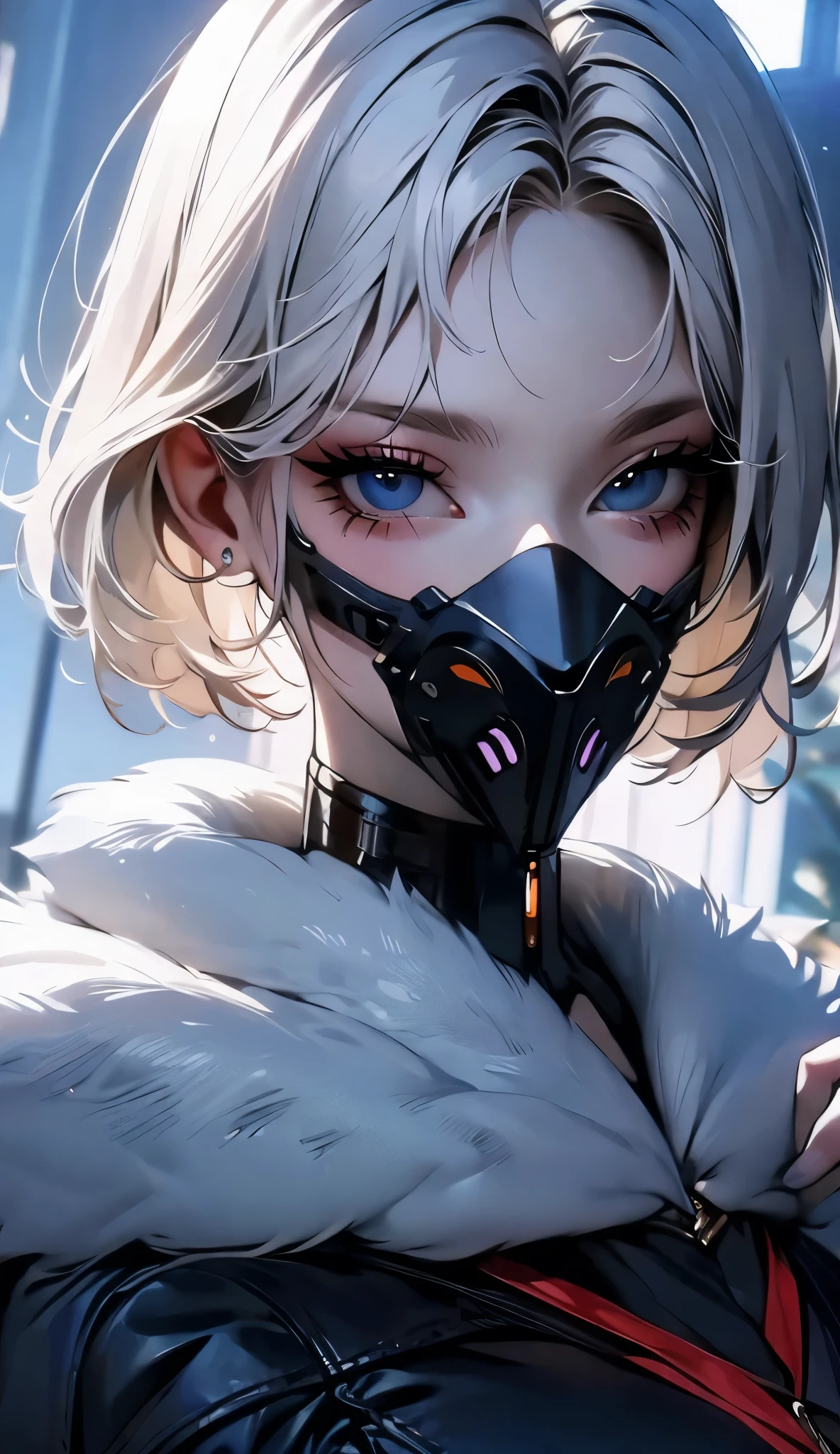 a garota esta usando Tech future gas mask completa, very very short hair, white hair, light blue eyes, (((Masterpiece))), (((Best Quality: 1.4))), ((Super Detail: 1.4)) , In the center of the image is a portrait of a gorgeously made-up woman standing on a terrace, looking into the distance, fan in hand, looking confident and relaxed.
full body