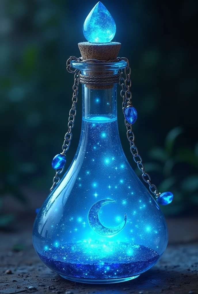  , the tall  ,   Make a fantasy style potion icon featuring a thin glass bottle .   The liquid inside is bright blue with a swirling galaxy effect  ,  Adjacent to the station  .   The bottle has a glowing crystal stopper and 、 is wrapped in a silver chain adorned with small charms .  icon with the crescent moon engraved on the surface requires a mysterious and graceful vibe  .