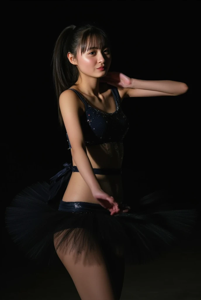 masterpiece、top-quality、Photo Realisticity、hight resolution、1 beutiful girl、a junior high school student、Dance Ballet, Chignon、stage、spot light、Ballet Costumes、Black Dress、Red ribbons、Smile、sideways Facing