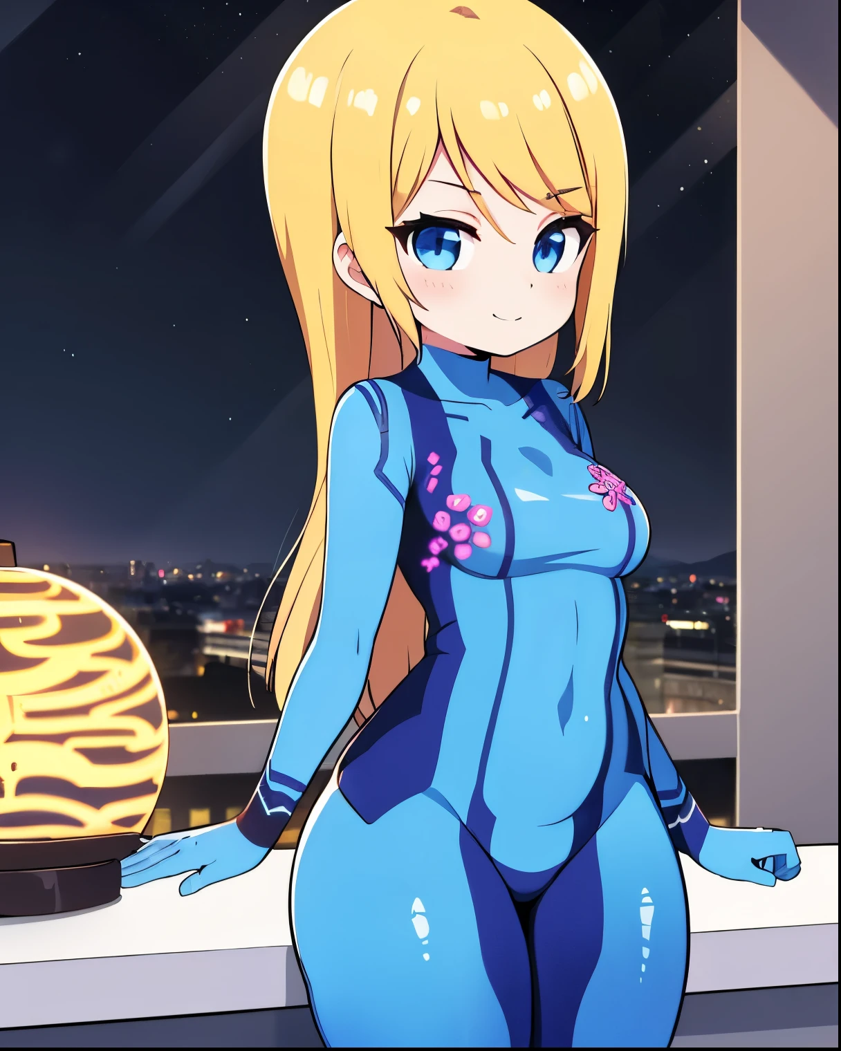 1girl, solo, samus aran, highly detailed eyes, intricate details, blue eyes, blonde hair, ponytail, upper body, (furry), dog girl, animal ears, (zero suit), looking at viewer, closed mouth, seductive smile, muscular female, cityscape