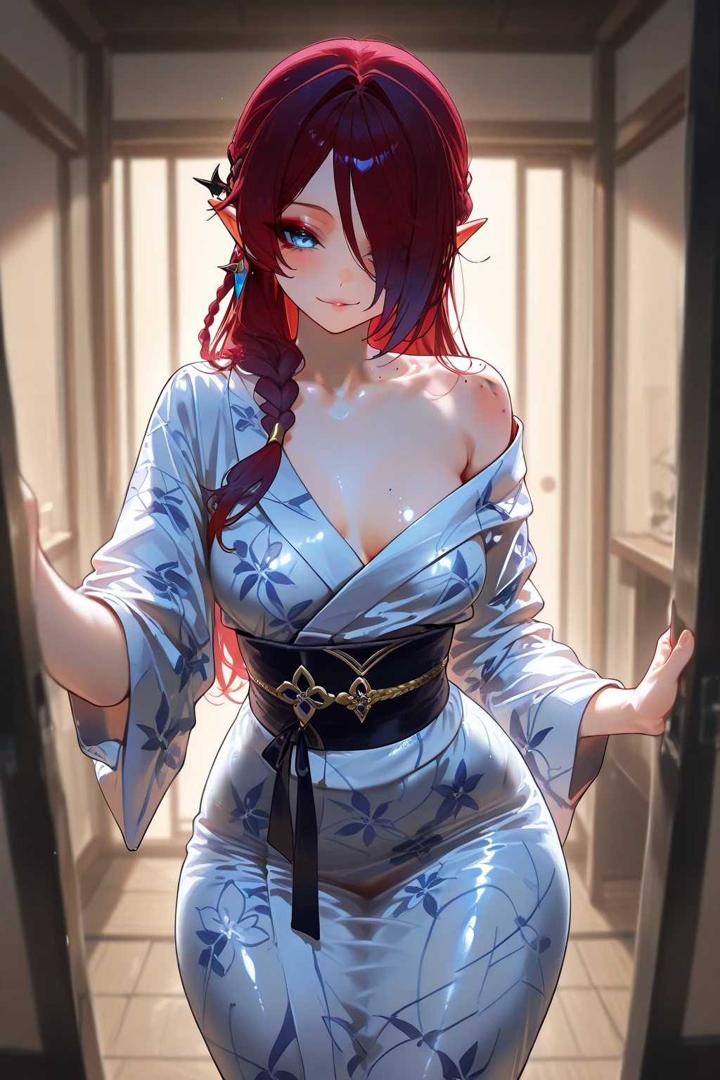 ((8k resolution))、((highest quality))、((masterpiece))、((Very detailed))((((dramatic))), (Anatomically correct)、The depth of the object to write、perspective:Spy Camera、front、1 person、woman、Attractive body, Toned arms, length, Thin legs, Center of chest、Athletic Presence,(Hairstyle:undercut 、Red hair、Twin tails、Flower Hair Ornaments、Three white eyes、Double teeth、smile、Embarrassed expression)、kimono、take off your clothes、pubic hair、(theme、whole body:1.1)、Bedroom、moonlight、bed