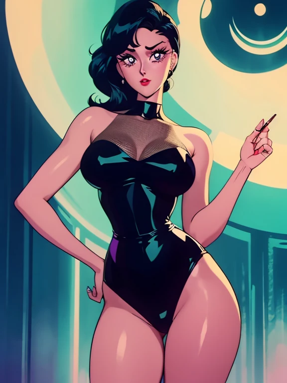 1femme, cheveux courts noirs , yeux , visage sournois , smirk , torse nu ,Seins serrés l'un contre l'autre , ventre, petits seins, elongated legs , tiens-toi sur tes hanches..., Delicate and sexy (clavicule:1.3),Nuit, wet (en sueur, drenched), sur le lit, torse nu, without clothes, a cheval sur un coussin.