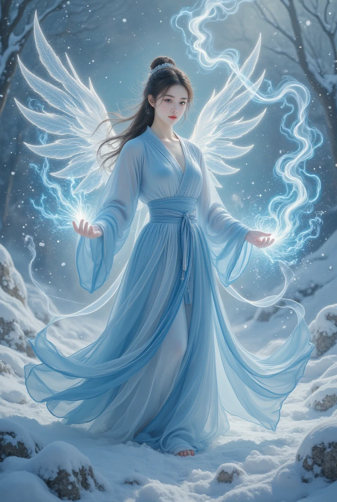 (((1girll))),Imperial water,A magician,(Loose dress:1.5),(Perfect facial features:1.4),(Blue silk robe),(Mysterious magic formations:1.2),Blue glow,(Frost wings),Powerful ice magic,Icicles,Towering over the landscape,Blue light cold light,Ice storms,Wind,Flying snow ice and snow,Amazing results,,best qualityer,tmasterpiece,超高分辨率,finely detailled,Complicated details,8K分辨率,8KUCG wallpaper,hdr,water blue,Magic Array,Cinematic lighting effects,lightand shade contrast,Ray traching、NVIDIA RTX