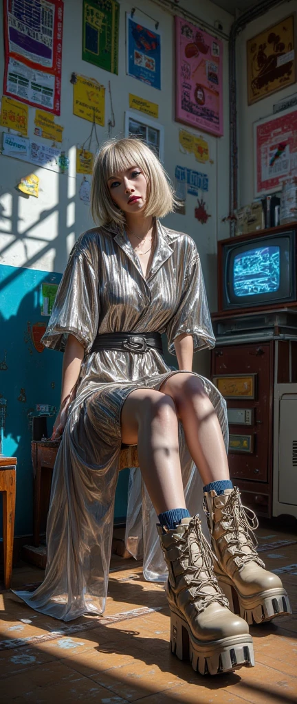 action figure toy , " Patxi" ,a bob haircut blonde female, smoking, oval face, thin frame, wearing Mary Quant dress, grey tights flat shoes, text on the packaging box "Patxi", pack of cigarettes , big dog white retriever, accessory and bottles of beer, sitting next to a round table bar