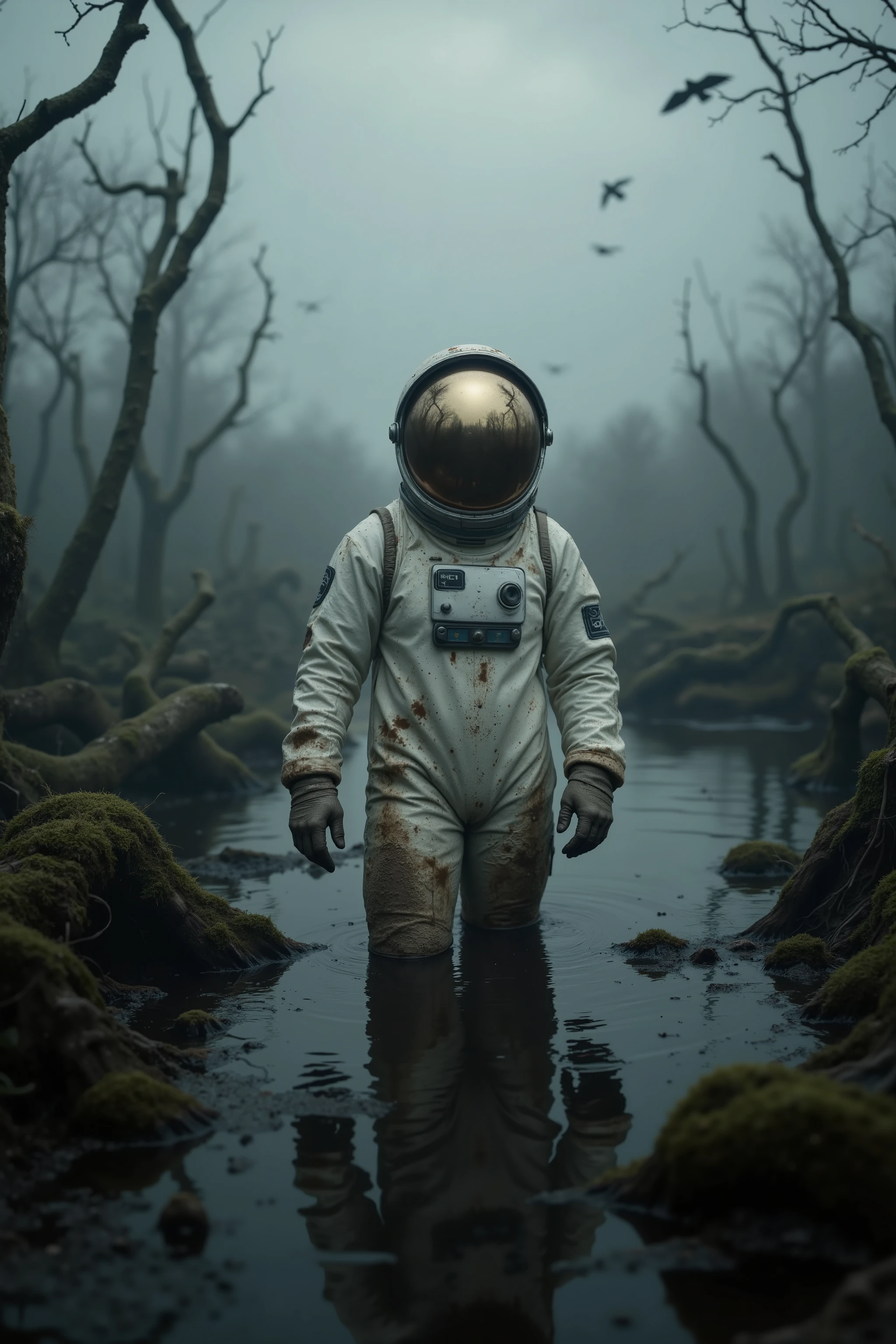 An astronaut in a white and silver space suit, standing in a dark, muddy swamp. The suit is slightly dirtied with mud, and the helmet visor reflects the surrounding water. The environment is damp and foggy, with twisted tree roots emerging from the water and moss covering fallen logs. The lighting is soft and eerie, with faint rays of light breaking through the mist, creating a surreal atmosphere. The background sky is gray and cloudy, with distant birds flying. Realistic photography, captured with a Nikon Z7 camera, 35mm lens, aperture f/4, ISO 400, shutter speed 1/125s