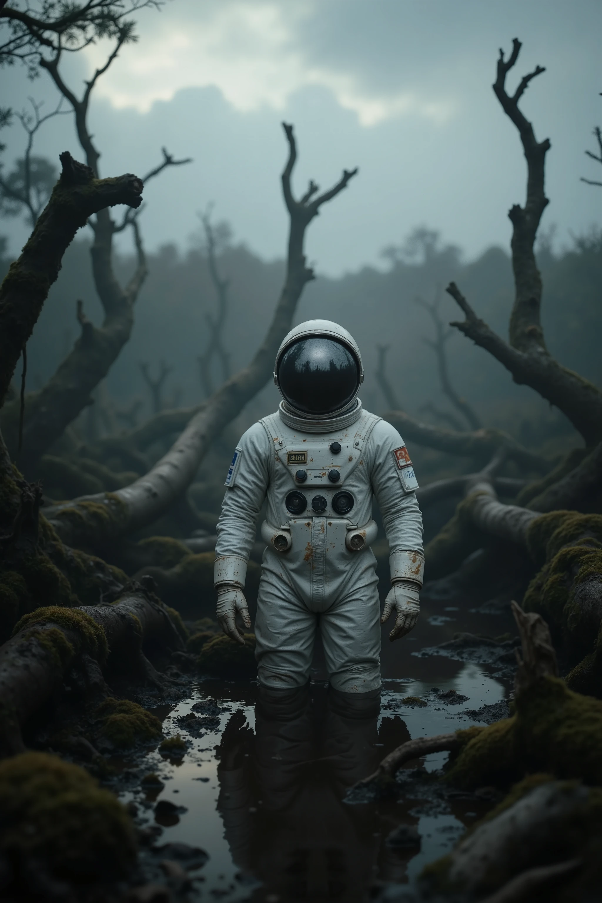 An astronaut in a white and silver space suit, standing in a dark, muddy swamp. The suit is slightly dirtied with mud, and the helmet visor reflects the surrounding water. The environment is damp and foggy, with twisted tree roots emerging from the water and moss covering fallen logs. The lighting is soft and eerie, with faint rays of light breaking through the mist, creating a surreal atmosphere. The background sky is gray and cloudy, with distant birds flying. Realistic photography, captured with a Nikon Z7 camera, 35mm lens, aperture f/4, ISO 400, shutter speed 1/125s